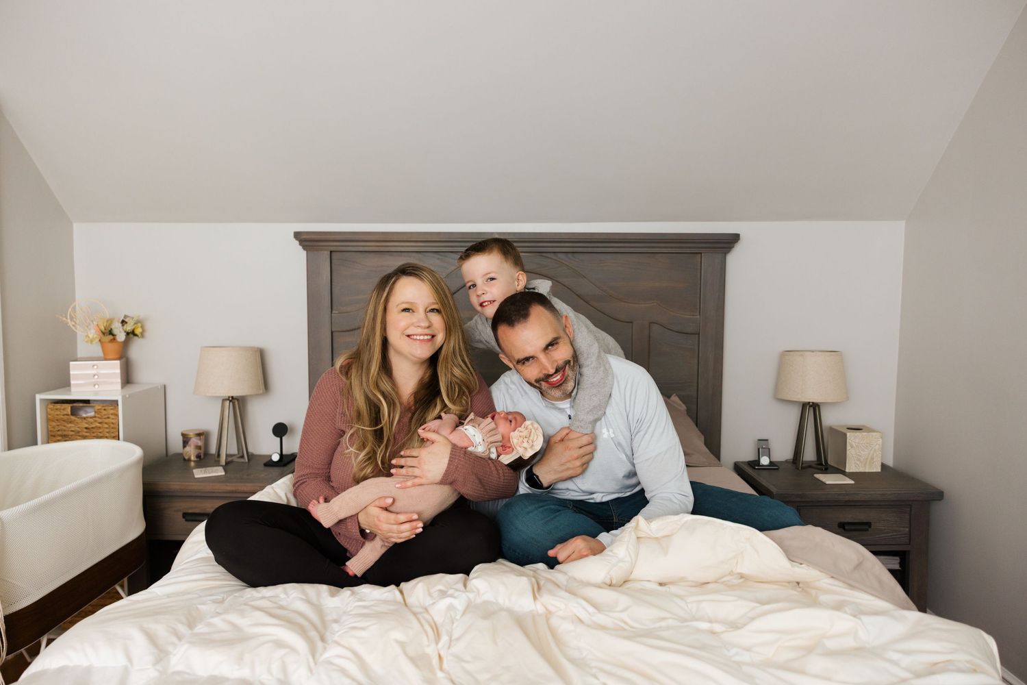 A sequence of six photos showing a couple lying down and relaxing together in a comfortable bed.