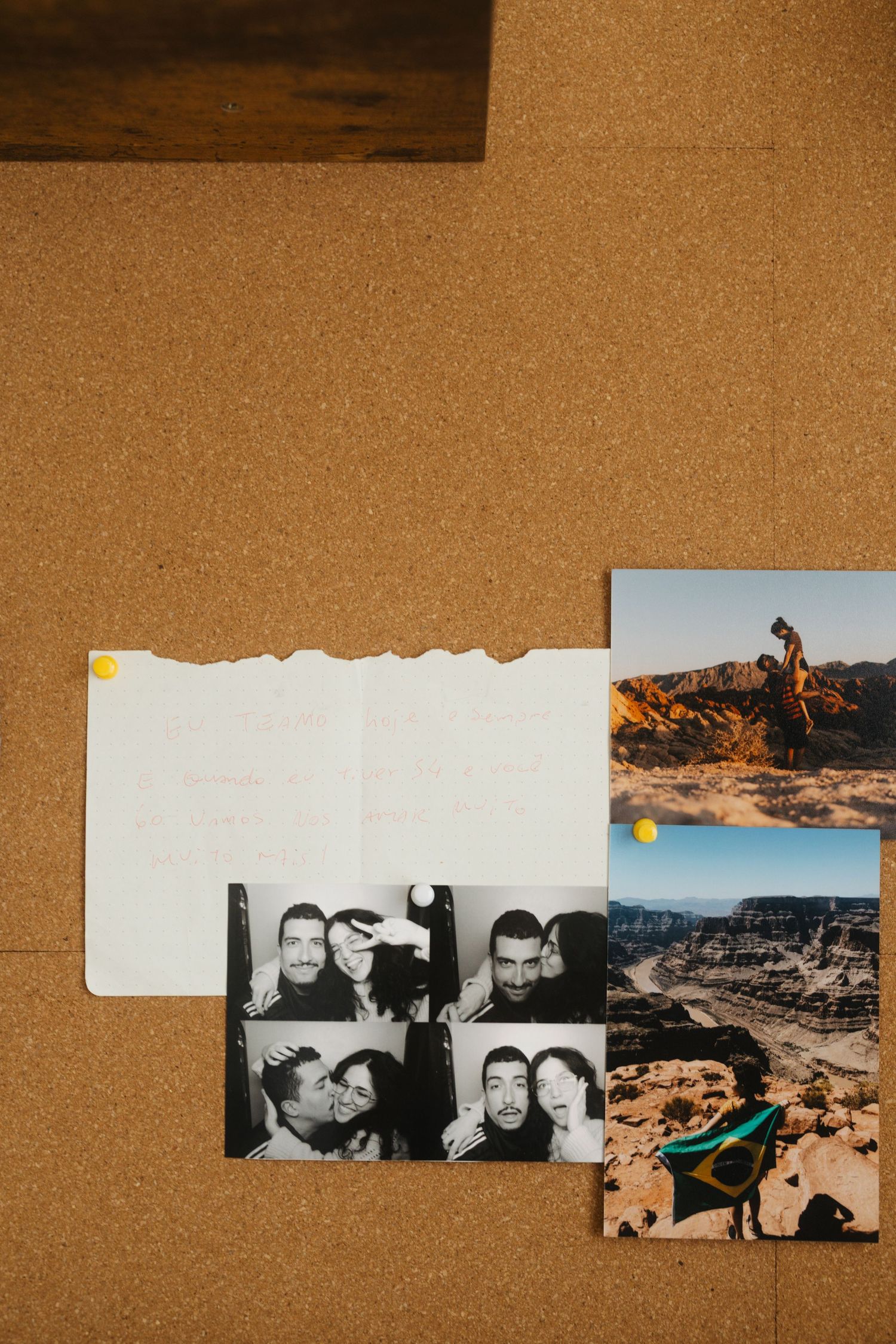 A collection of black and white photographs arranged in a fragmented layout against a brown background.