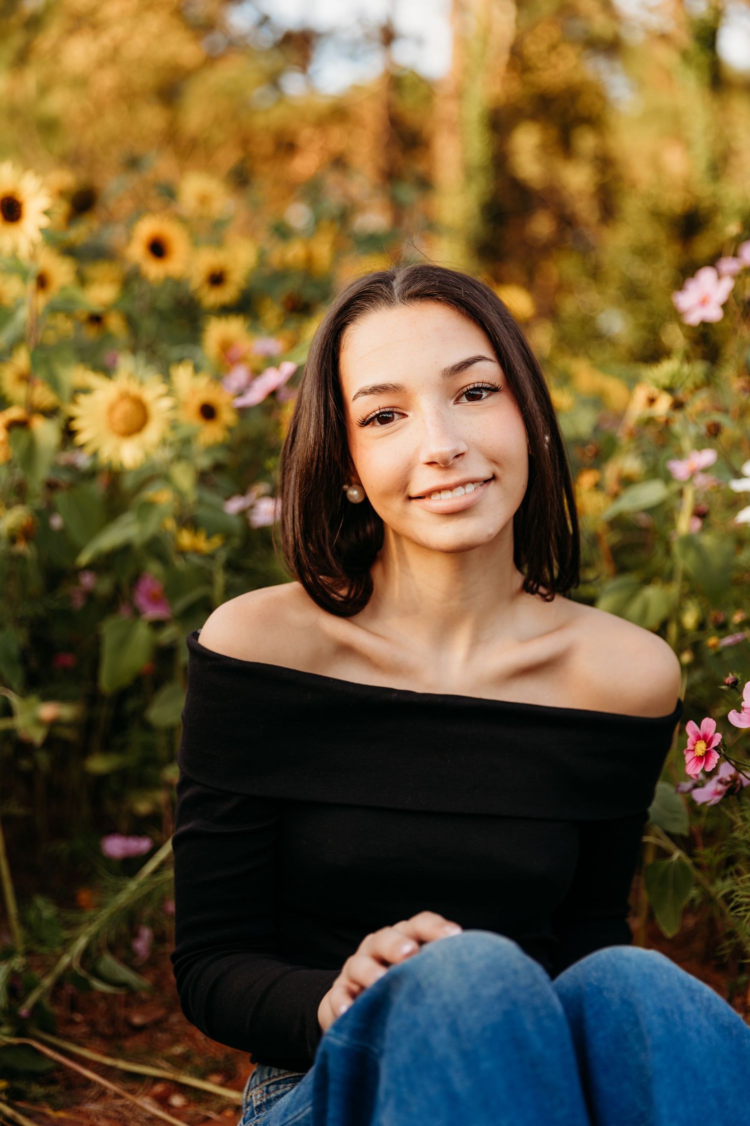 A series of portraits in a sunflower field showing someone wearing a black off-shoulder top against a natural backdrop.