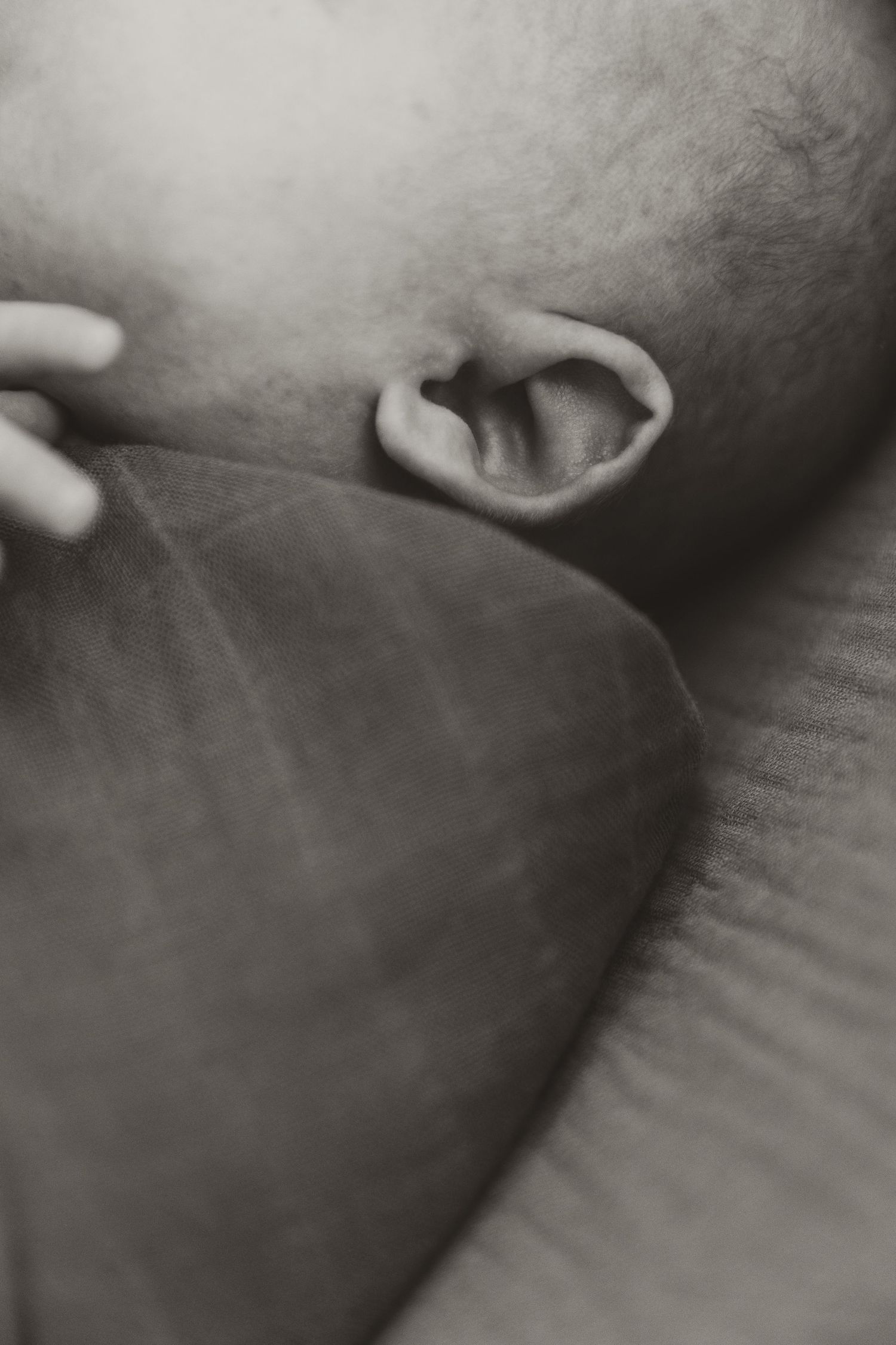 A black and white close-up photographs showing a baby ear and hand.