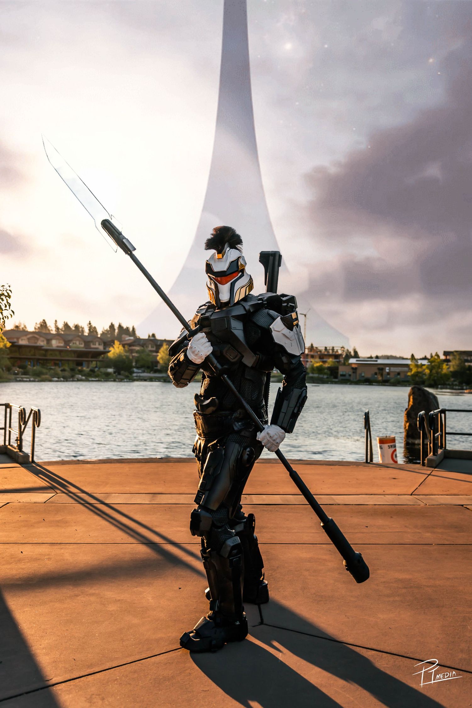 Cosplayer in samurai armor poses with sword against dramatic sunset waterfront backdrop in sequential action shots.
