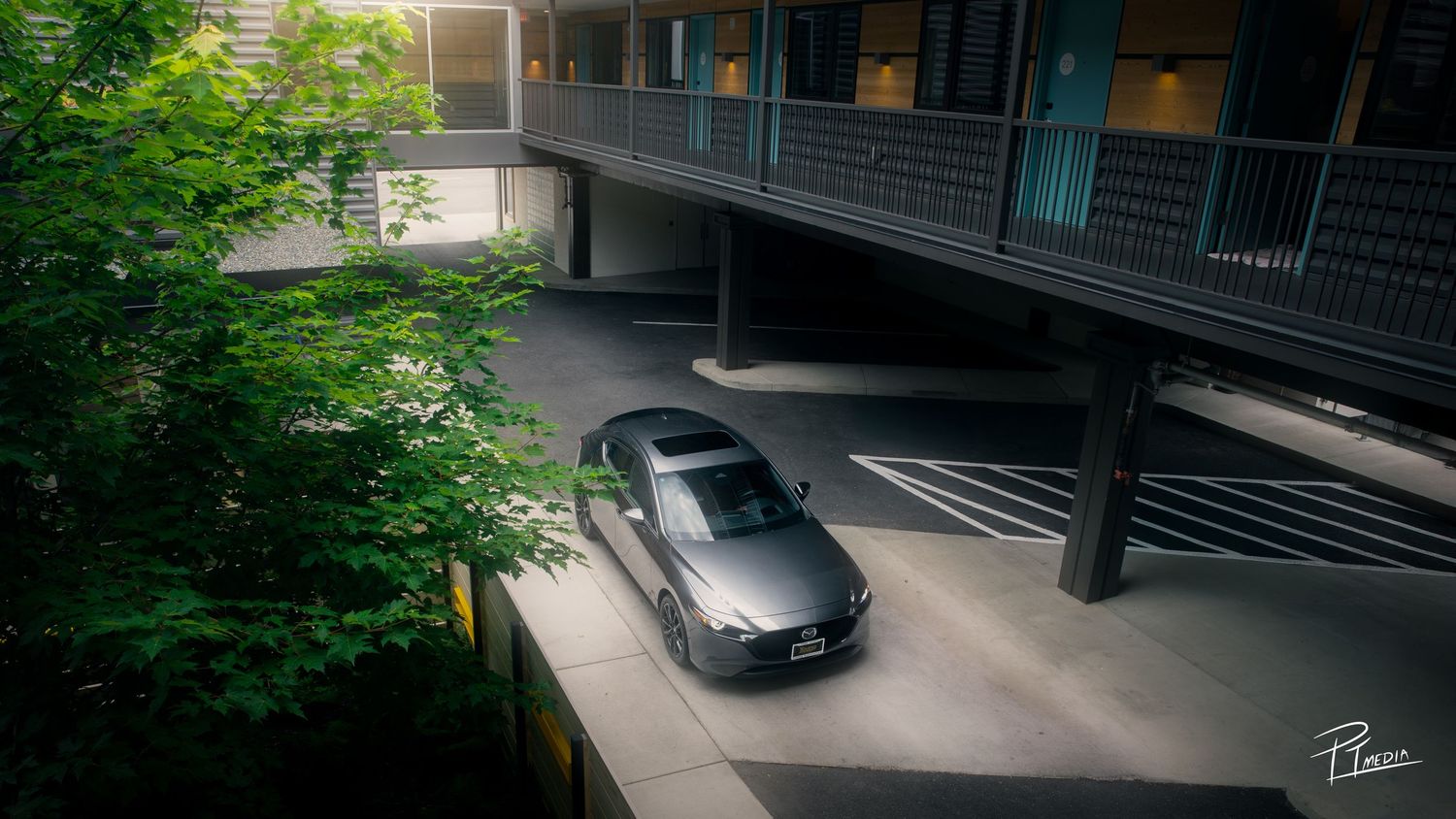 A car drives through a lush green residential neighborhood with dappled sunlight filtering through the trees.