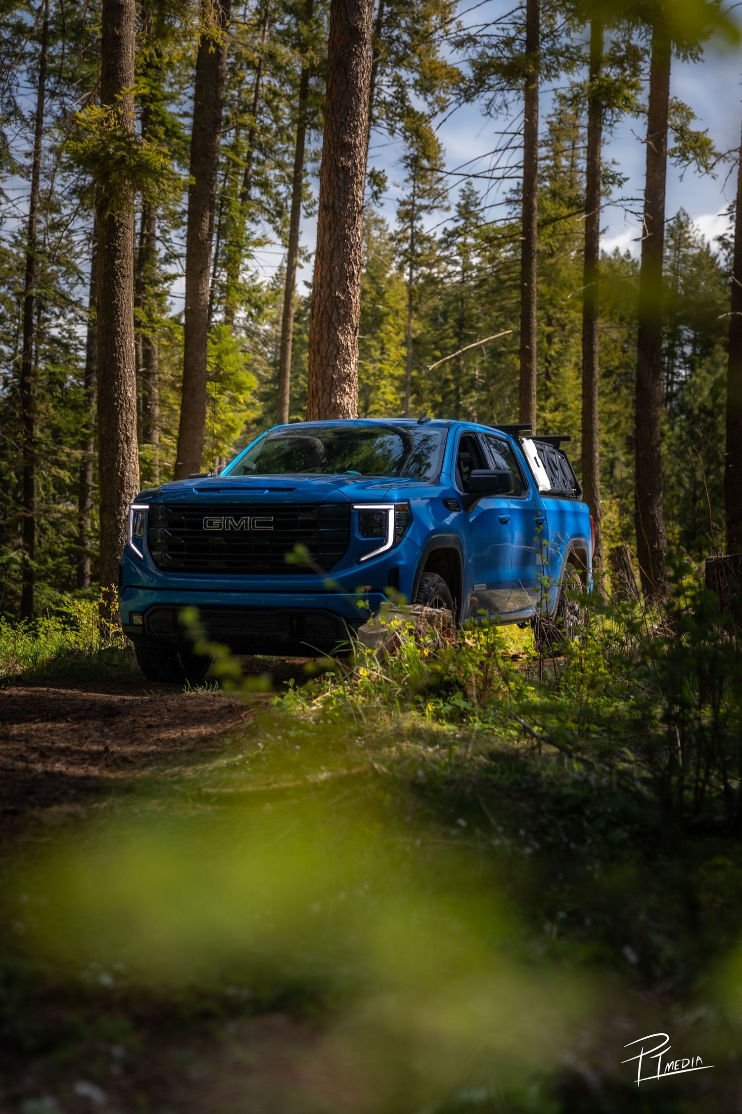 A blue GMC Sierra pickup truck parked on a forest trail surrounded by tall evergreen trees in natural lighting.