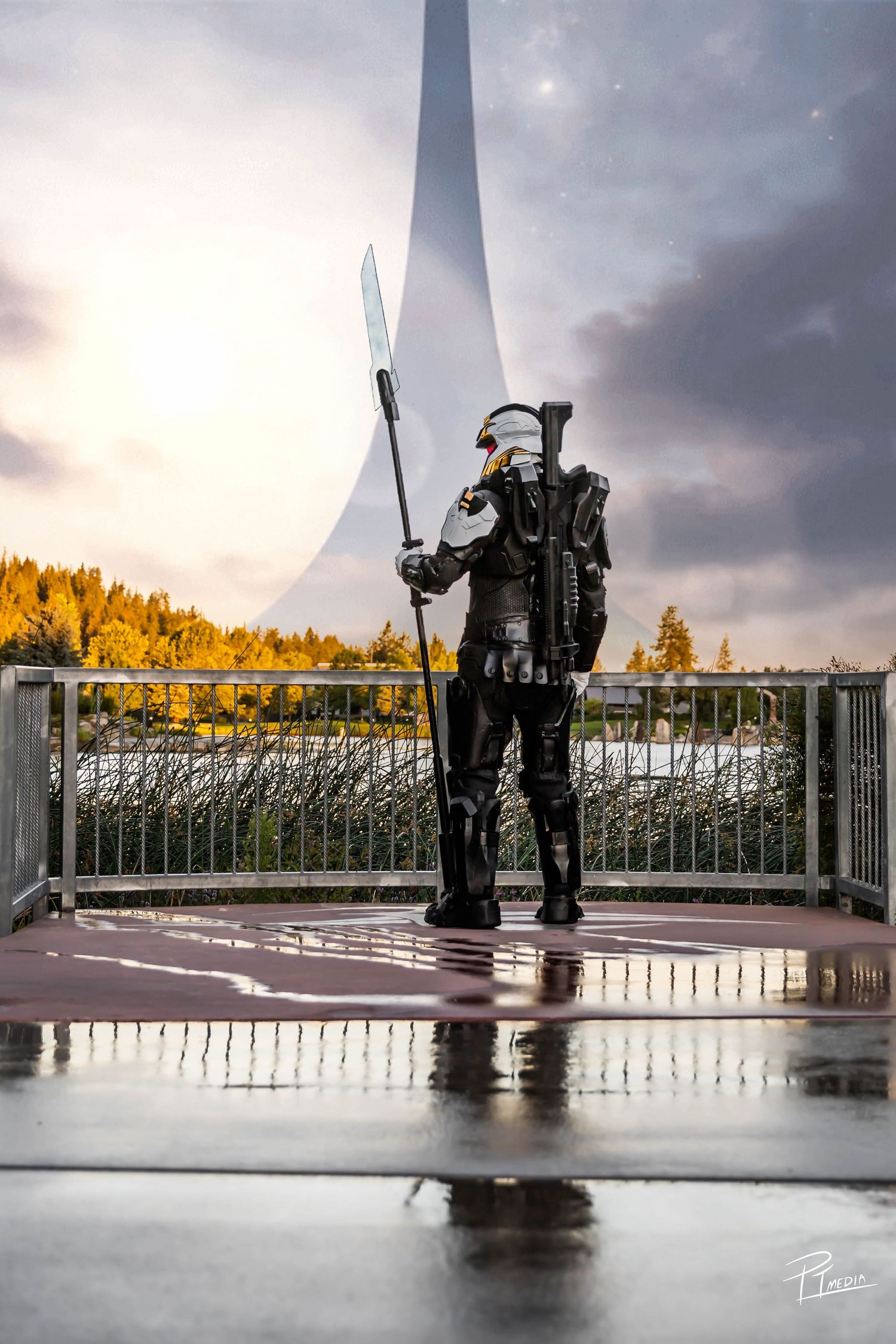 A series of four artistic photographs showing a statue silhouetted against dramatic cloudy skies and autumn trees.