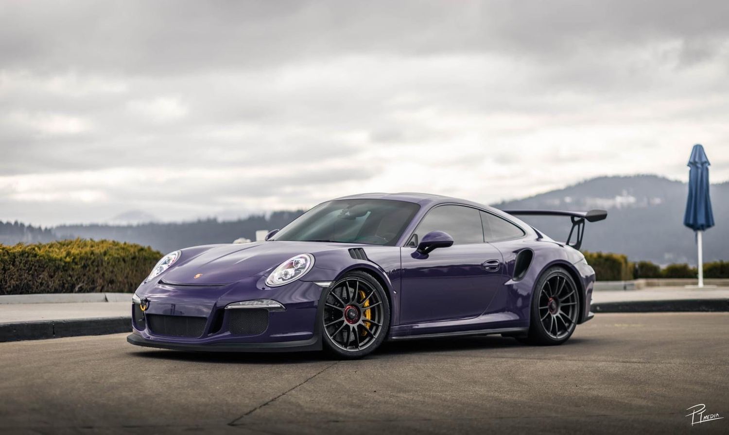 A row of sleek Porsche sports cars parked on a coastal road with mountains and ocean views in the background.