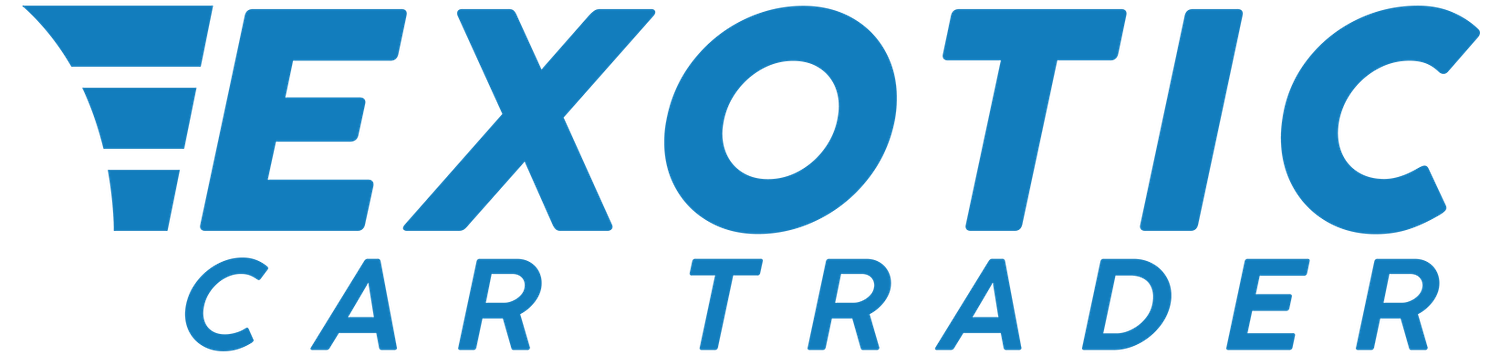 Blue and white Exotic Car Trader company logo with text on white background.