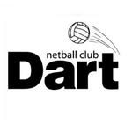 Dart Netball Club logo featuring bold typography and a netball graphic with motion lines.