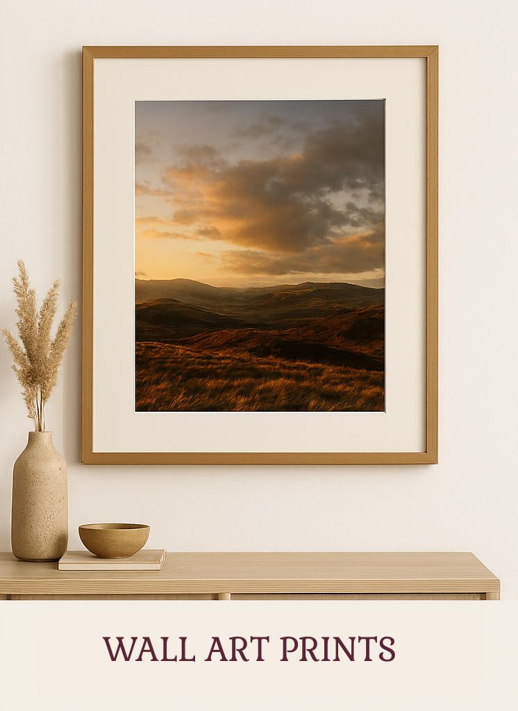 Neutral-toned wall art display featuring landscape prints and ceramic vases with pampas grass against white wall.