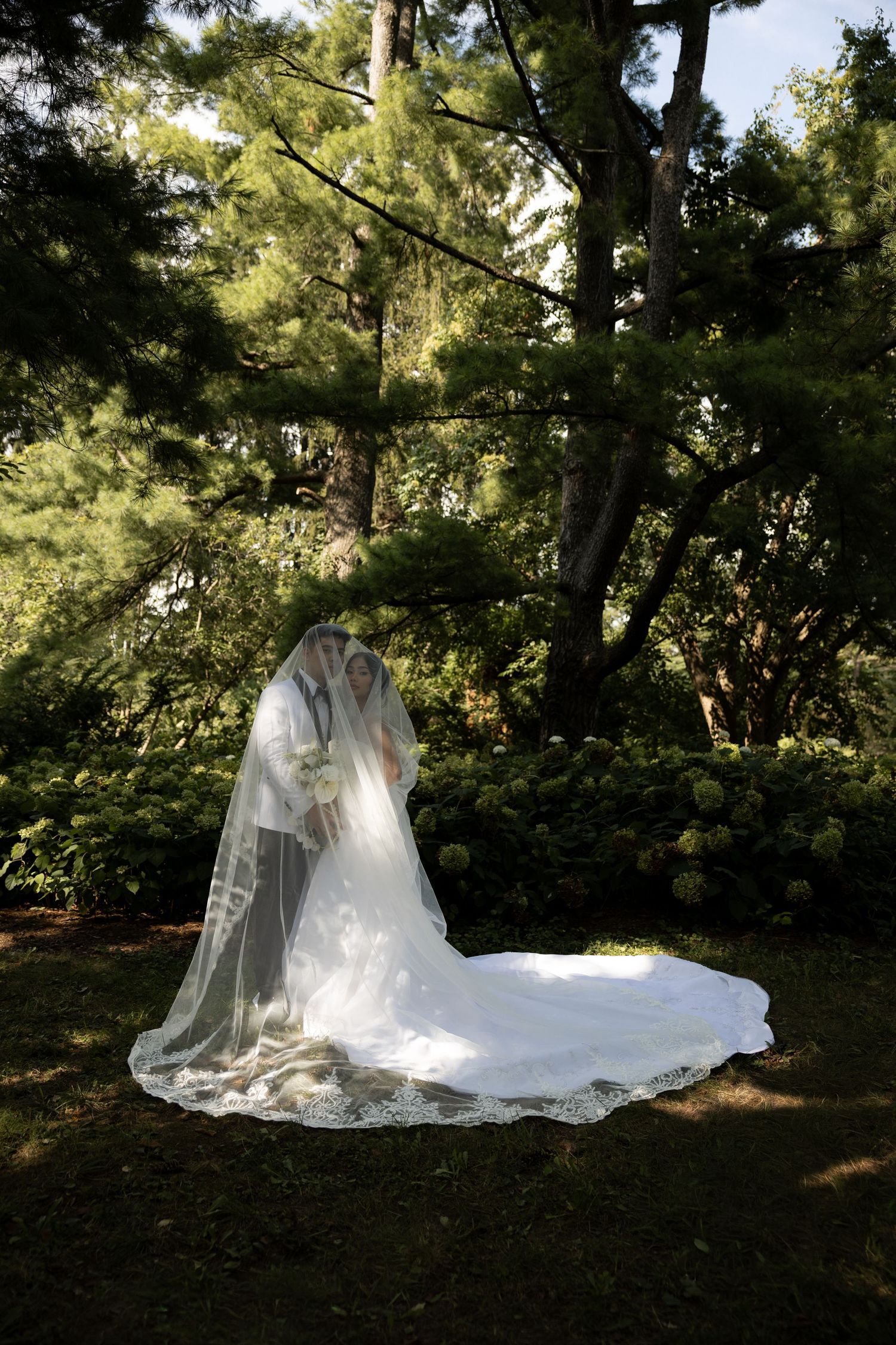 Bride and groom share a kiss under a flowing white veil in a lush garden setting on their wedding day.