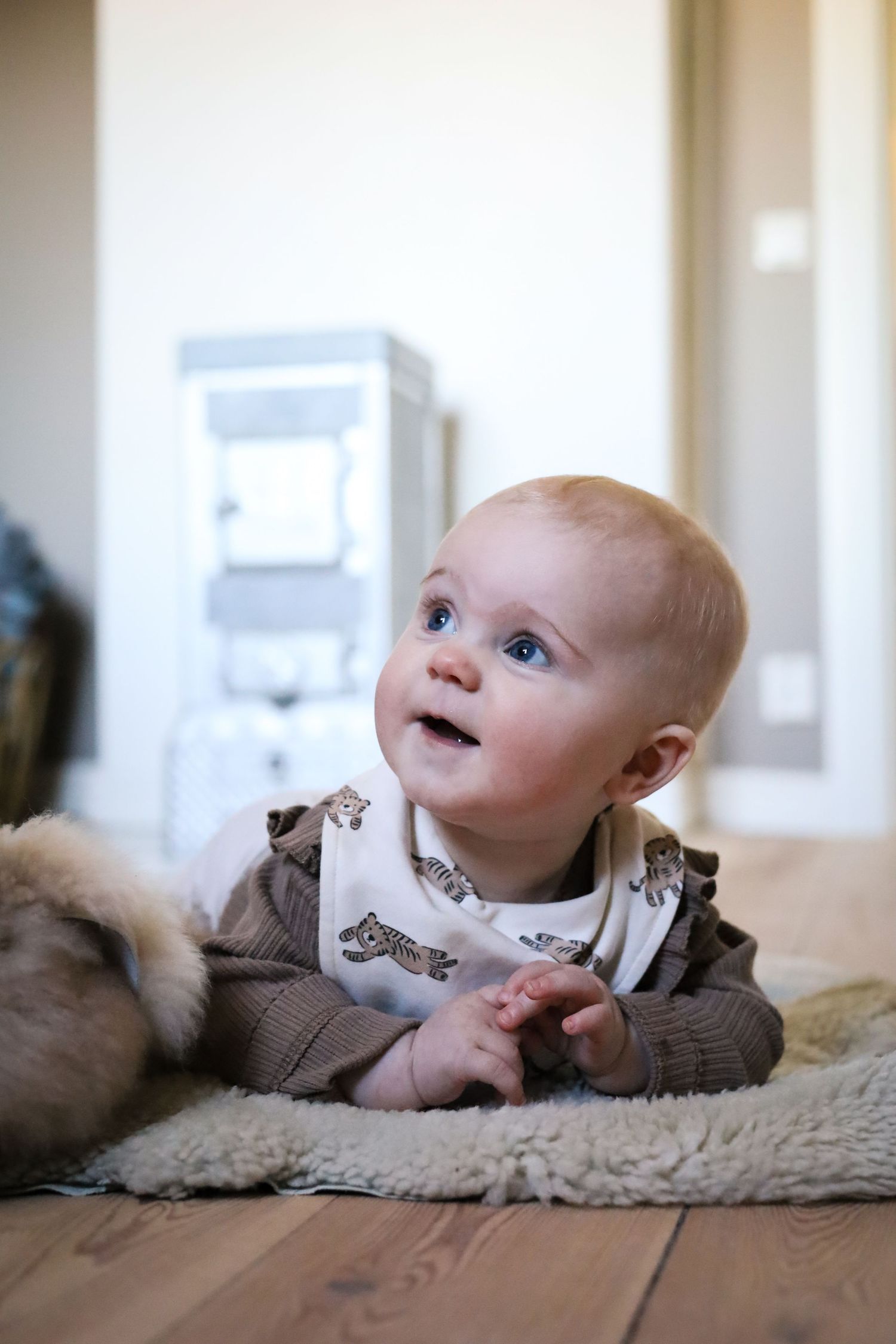 Baby lying on soft fur rug looking up with curiosity.