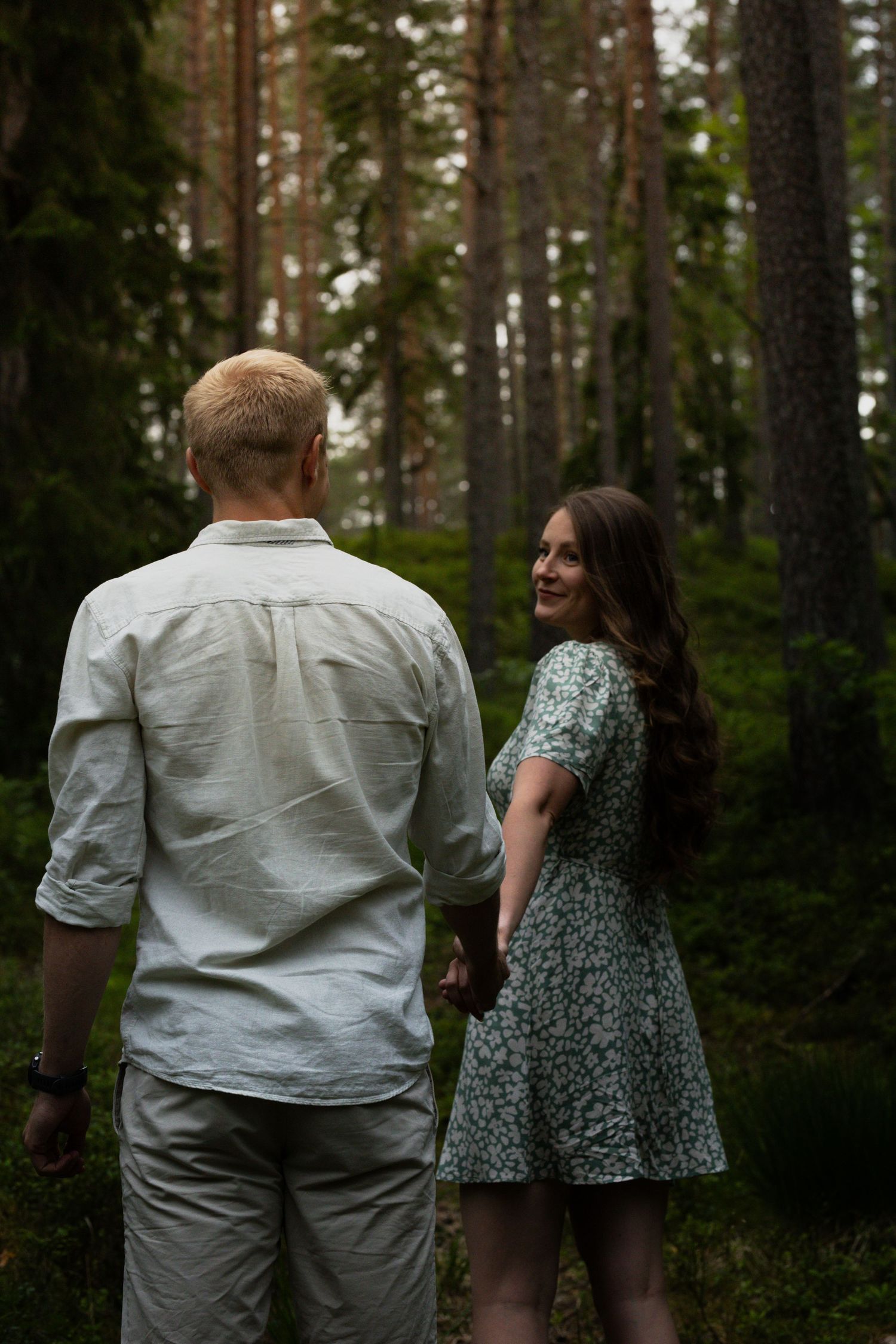 A couple walking together through a dense forest of tall pine trees.