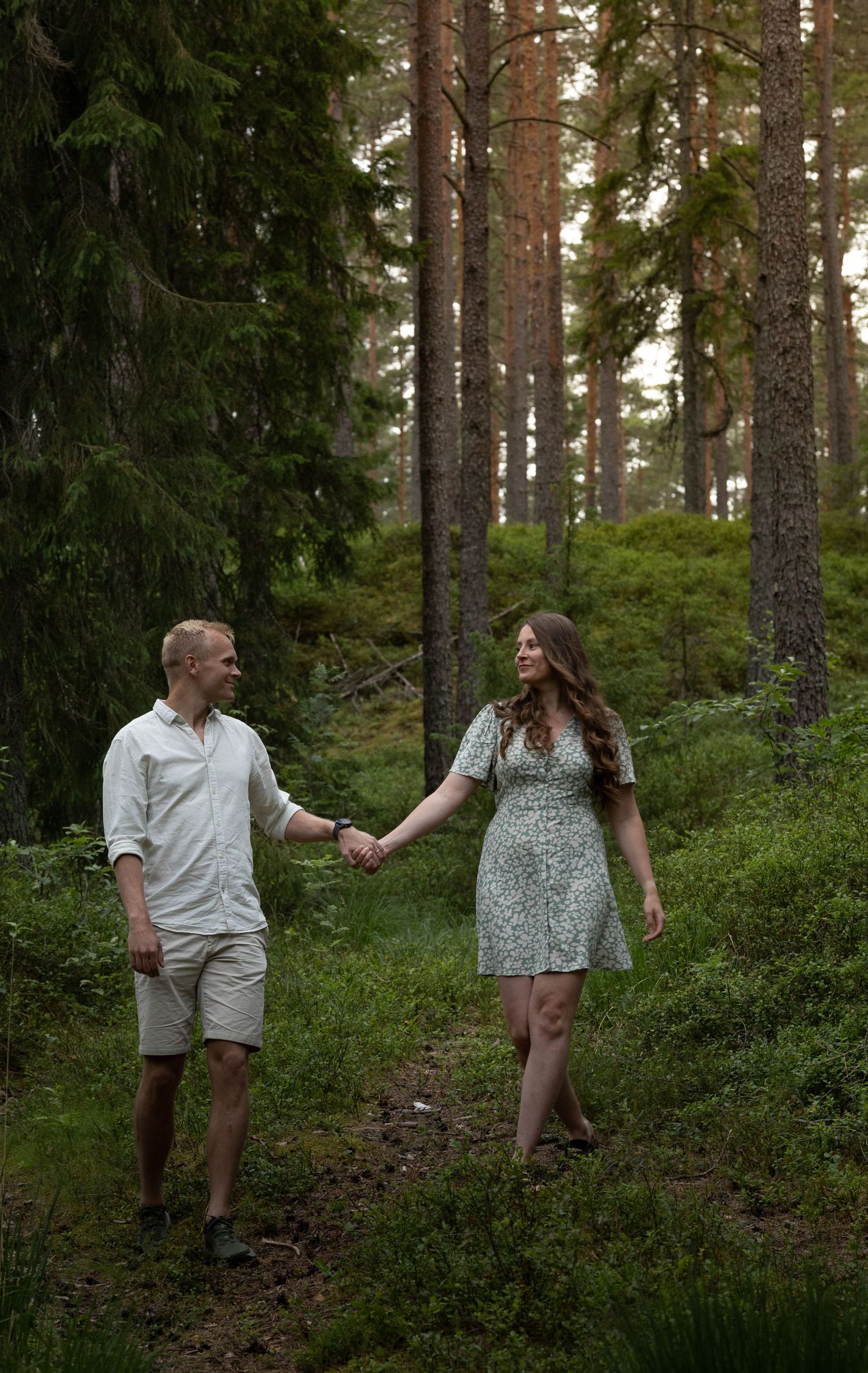 A couple holding hands while walking through a pine forest.