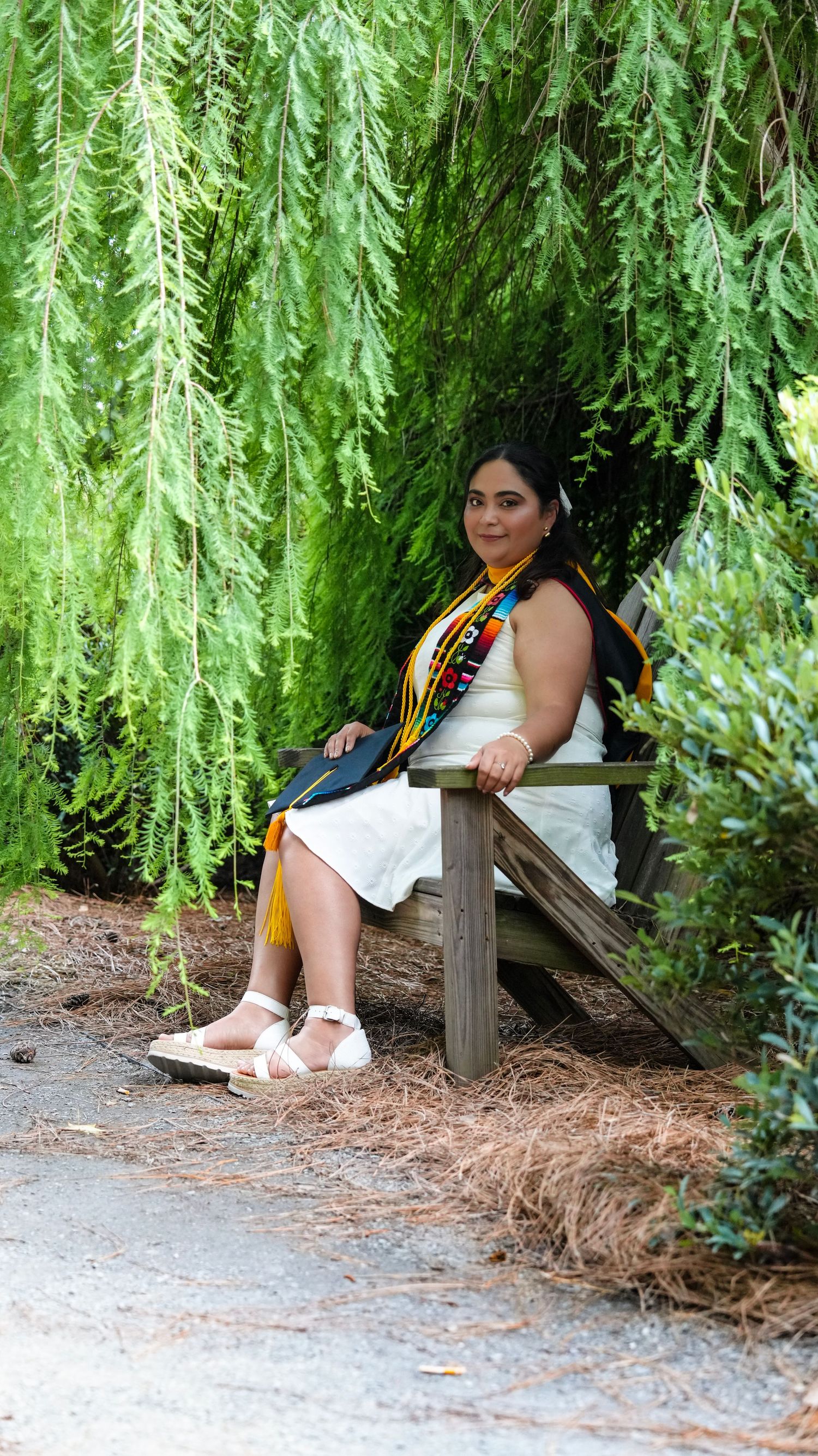 A woman in a white dress and colorful graduation sash sits on a wooden bench under a weeping willow tree.