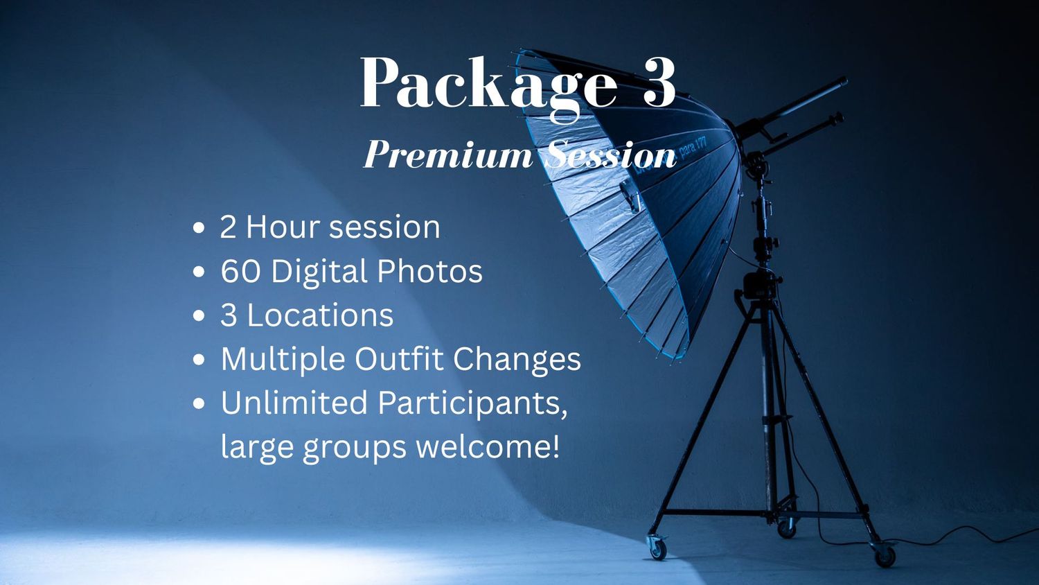 Professional photography studio setup with lighting equipment and blue backdrop for portrait sessions.