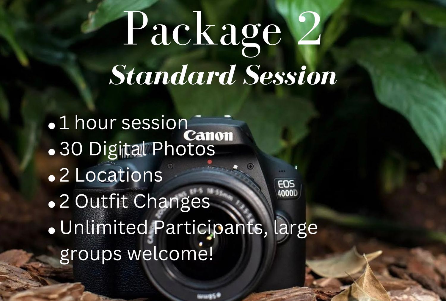 Professional camera equipment displayed against a blurred natural background with text overlay about photography packages.