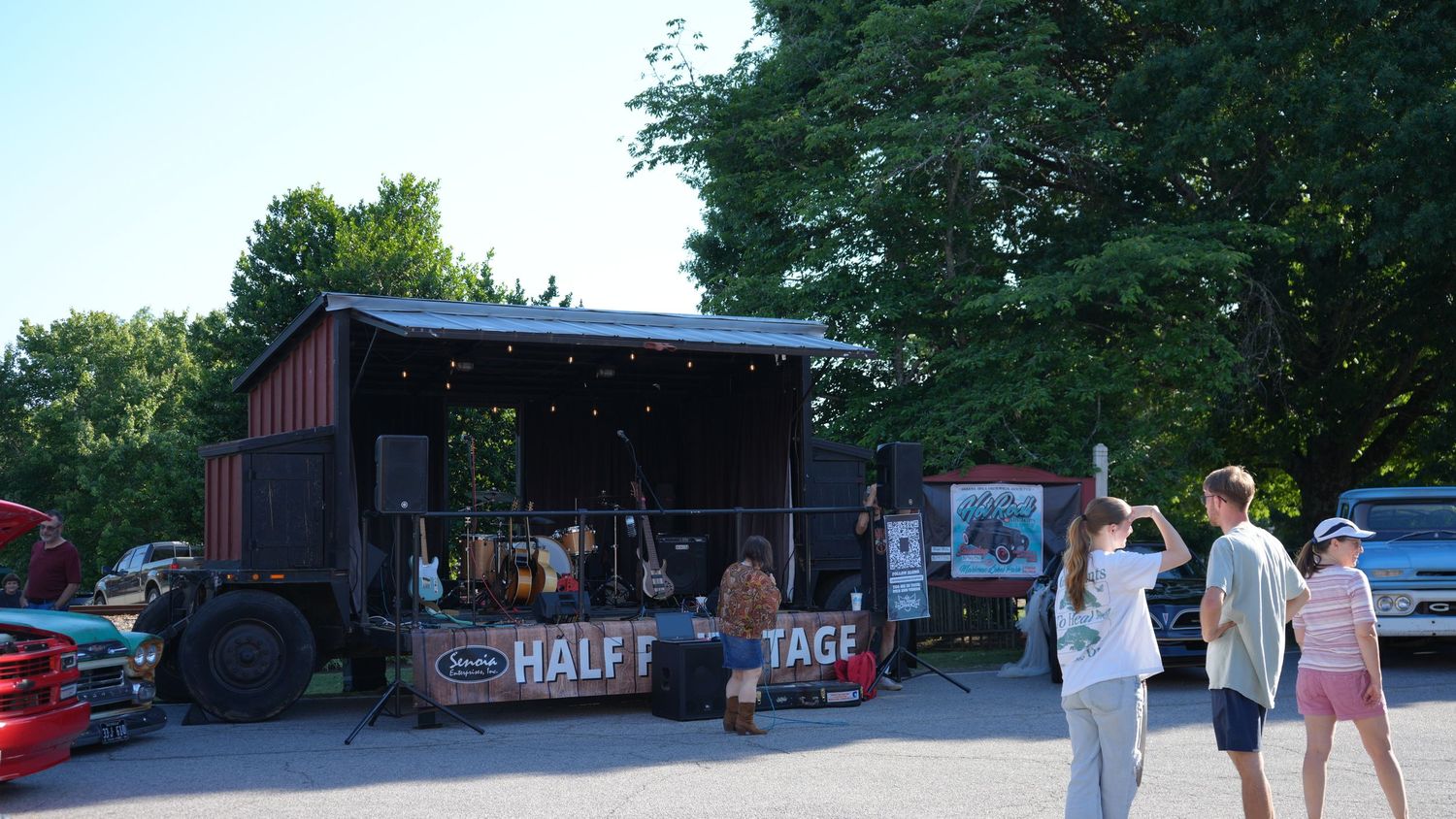 Outdoor stage with string lights and 
