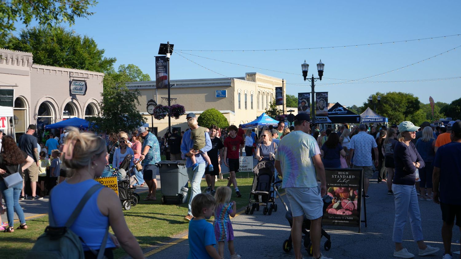 Crowded outdoor street festival in a small town with vendors, tents, and families enjoying a sunny day.