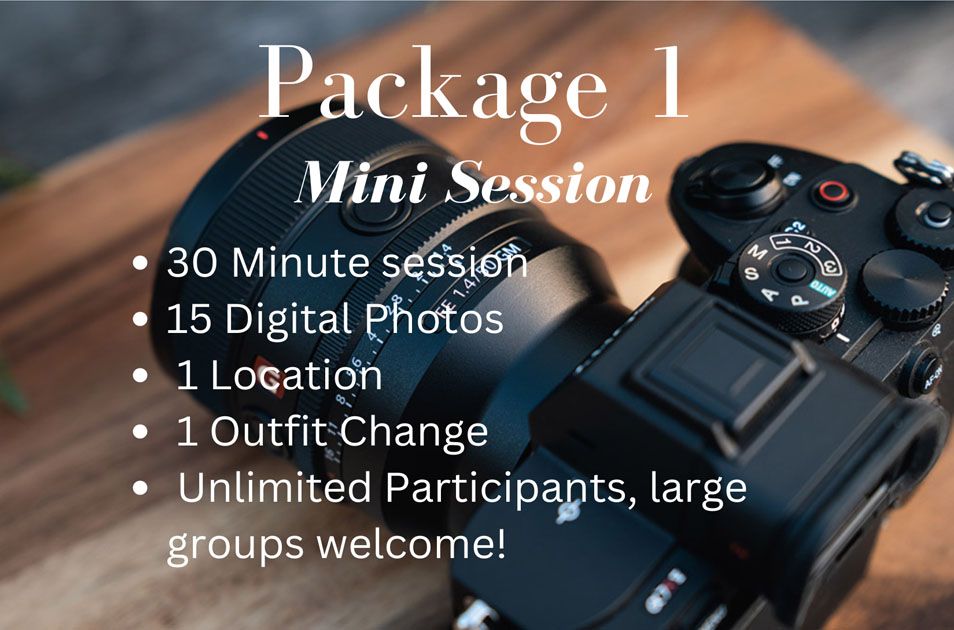 Photography package details displayed over a close-up image of a DSLR camera with pricing and session information.