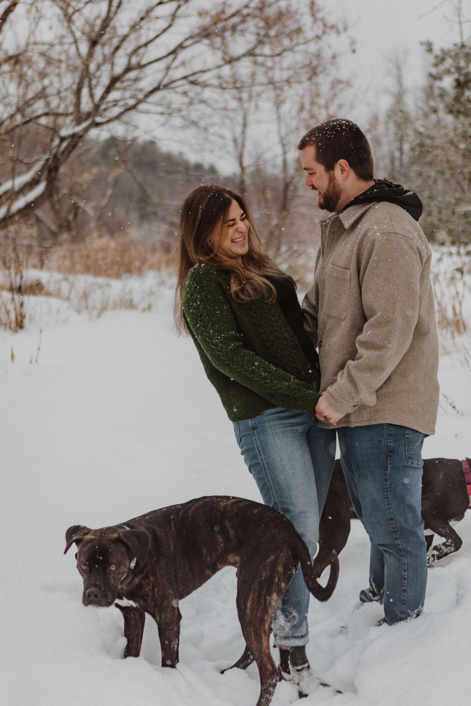 A smiling couple holds hands in a snowy winter landscape with their dark brindle dog beside them.