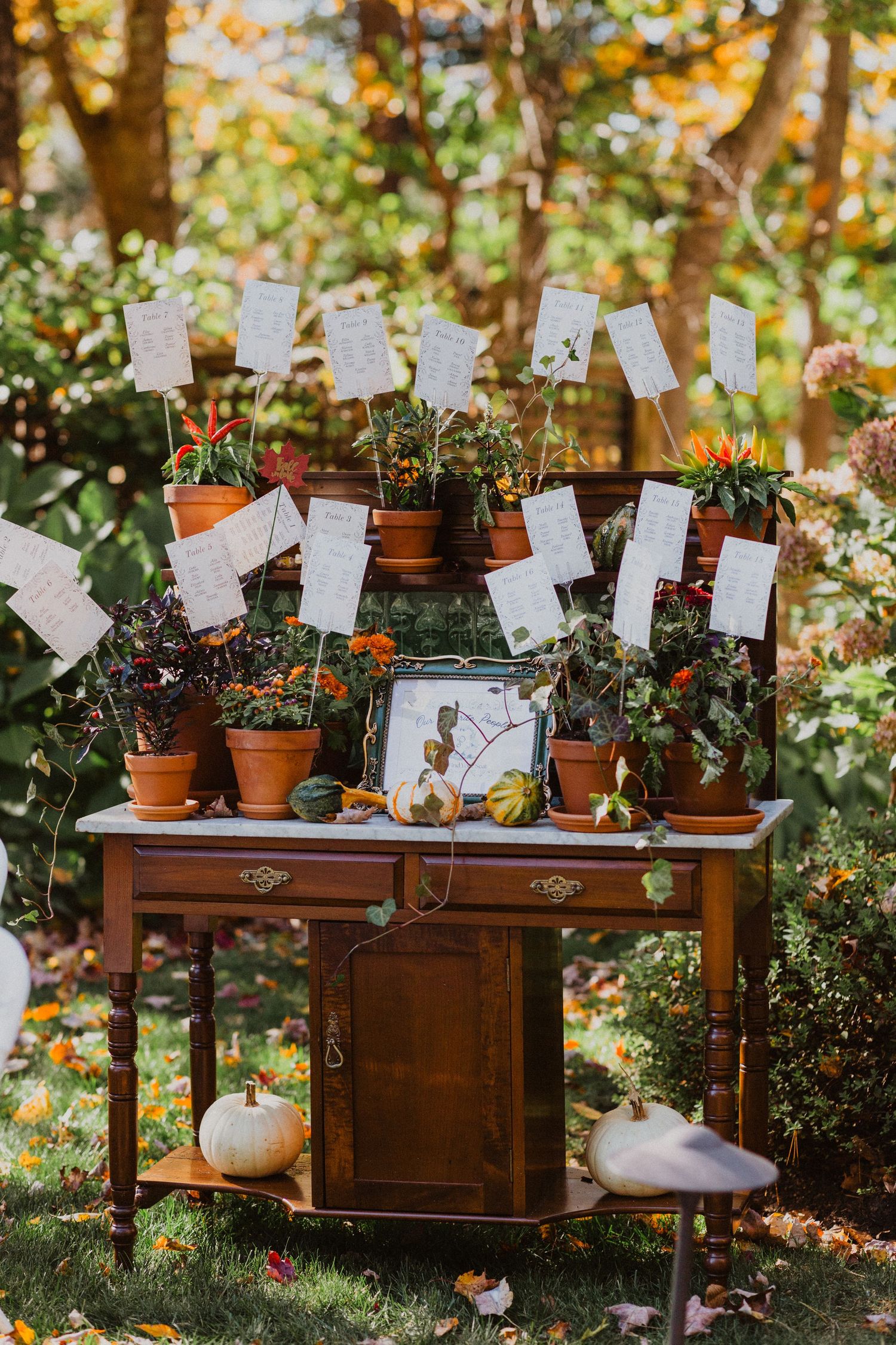 Rustic outdoor wedding seating chart displayed on terracotta pots with fall foliage and mini pumpkins.