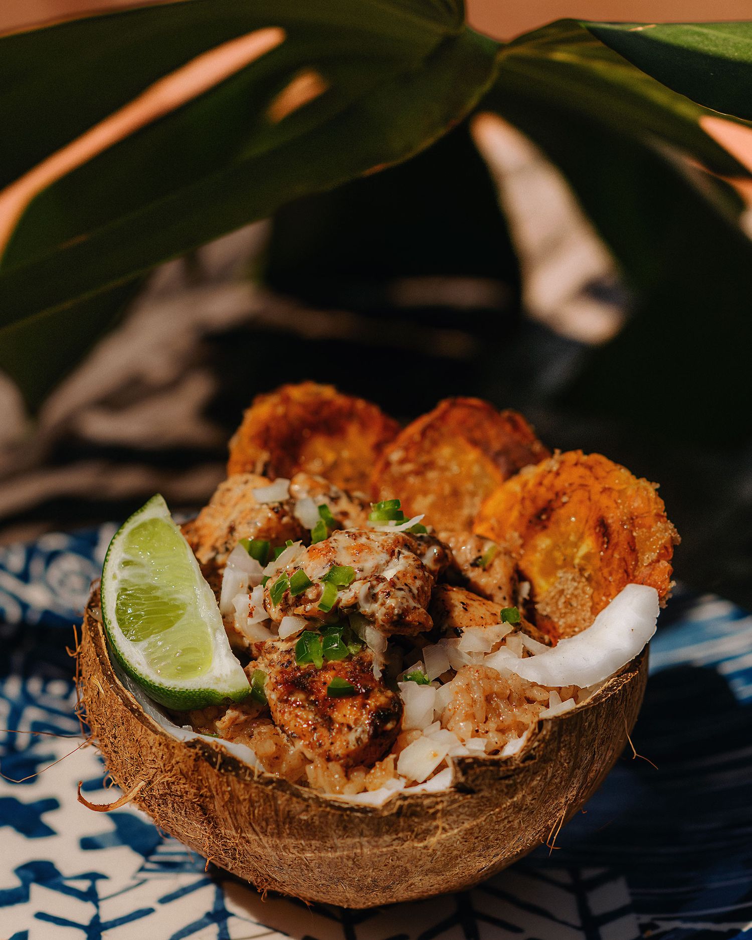 Tropical coconut shell bowl filled with seasoned chicken, fried plantains, coconut flakes, and a lime wedge on a blue patterned surface.