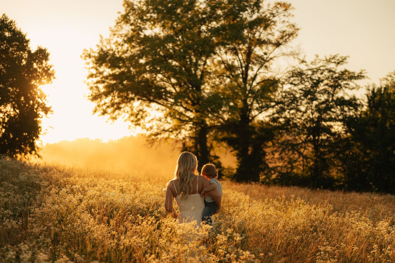 A mother and child sit together in a golden sunlit field at sunset, surrounded by tall grass and trees.