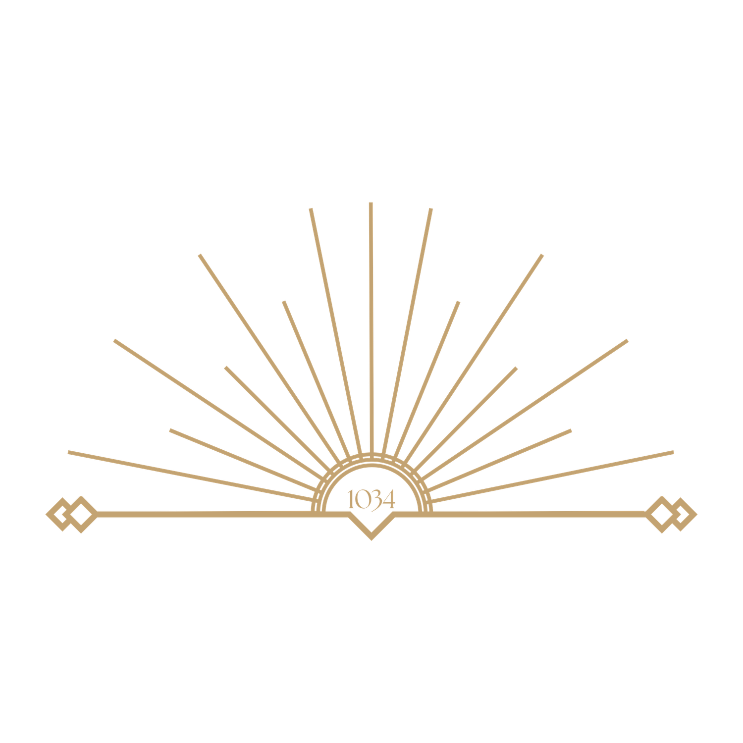 Elegant gold art deco sunburst logo design with decorative diamond accents and serif text.