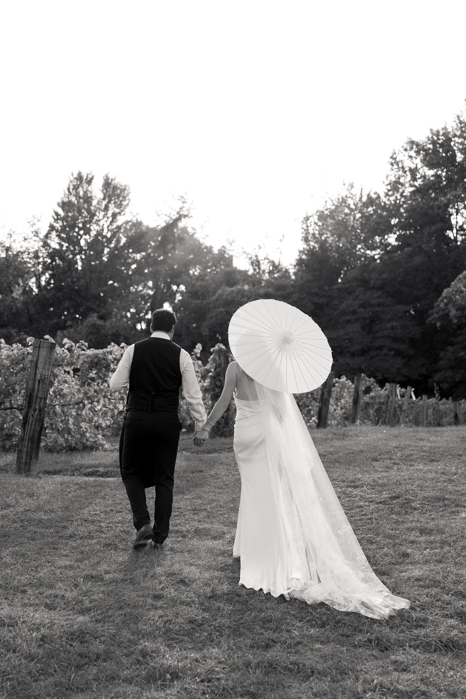 Black and white photo of bride and groom walking hand in hand through vineyard, bride holding white parasol.