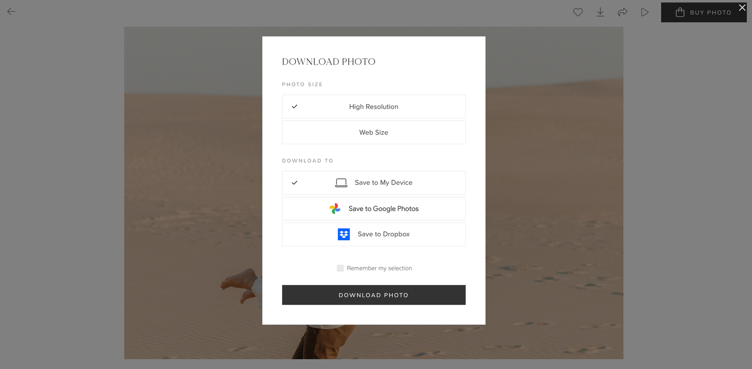 Photo download interface with options to save to device, Google Photos, or Dropbox.