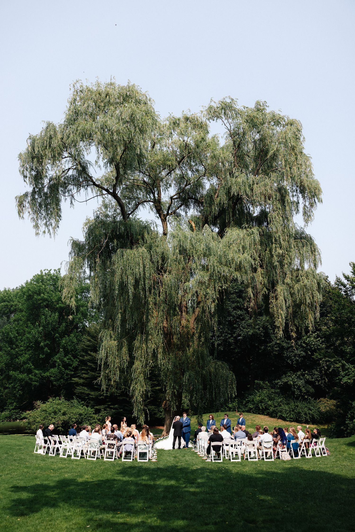 Outdoor wedding ceremony under a large weeping willow tree on a green lawn with white chairs.