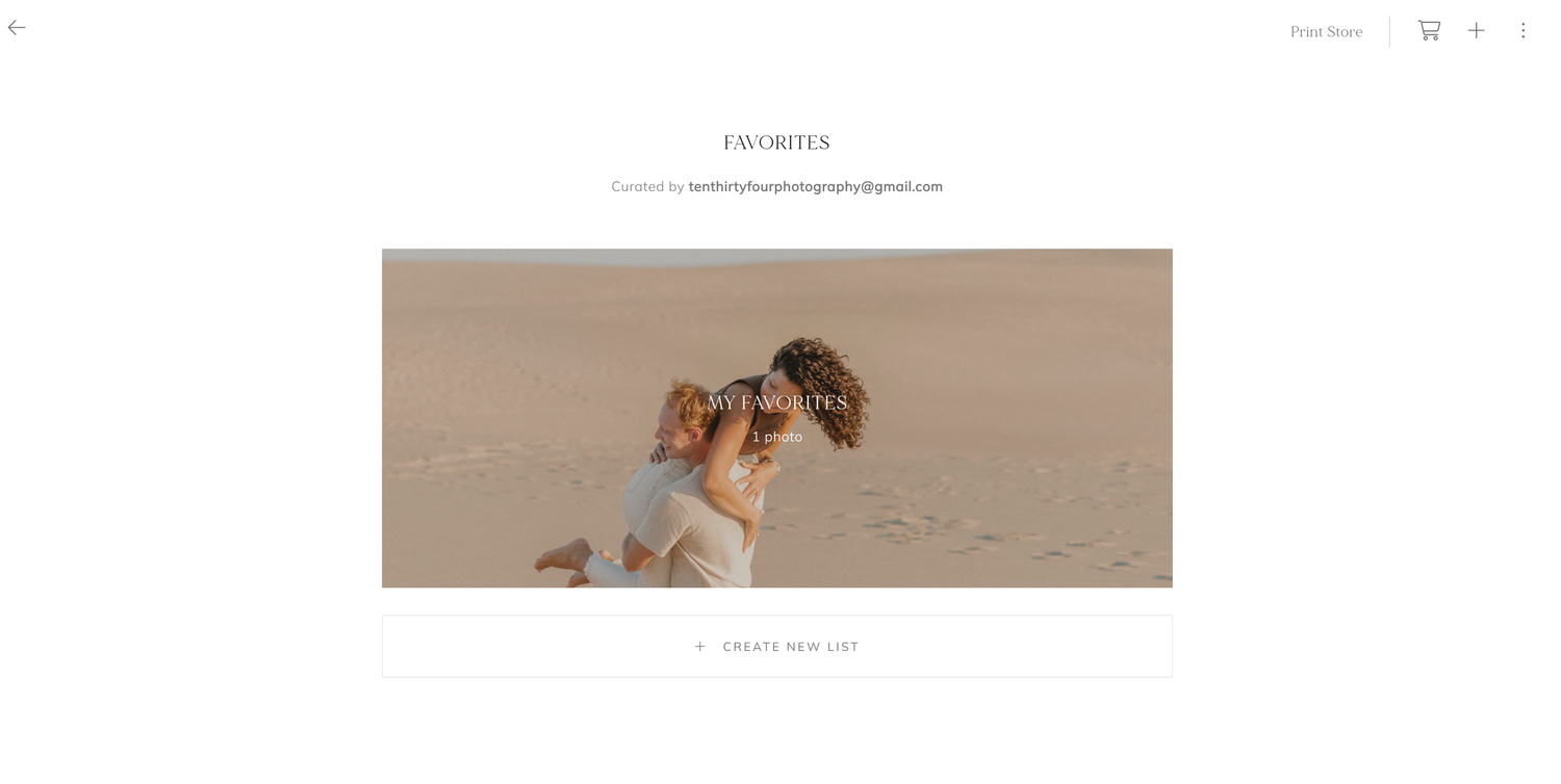 Favorites gallery page showing curated desert engagement photo saved by client email.