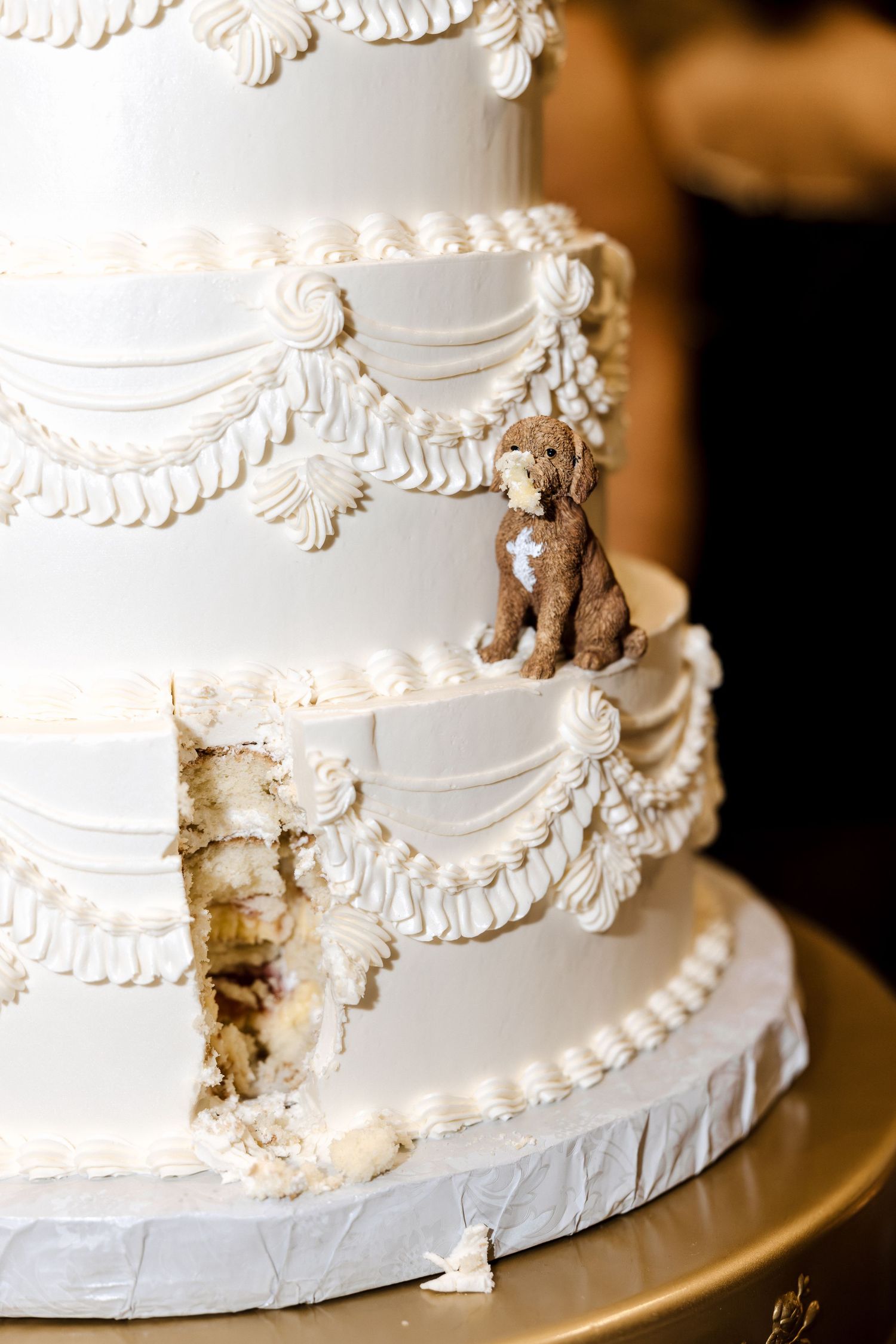 Close-up of a white fondant wedding cake with intricate piping details and a small dog figurine topper.