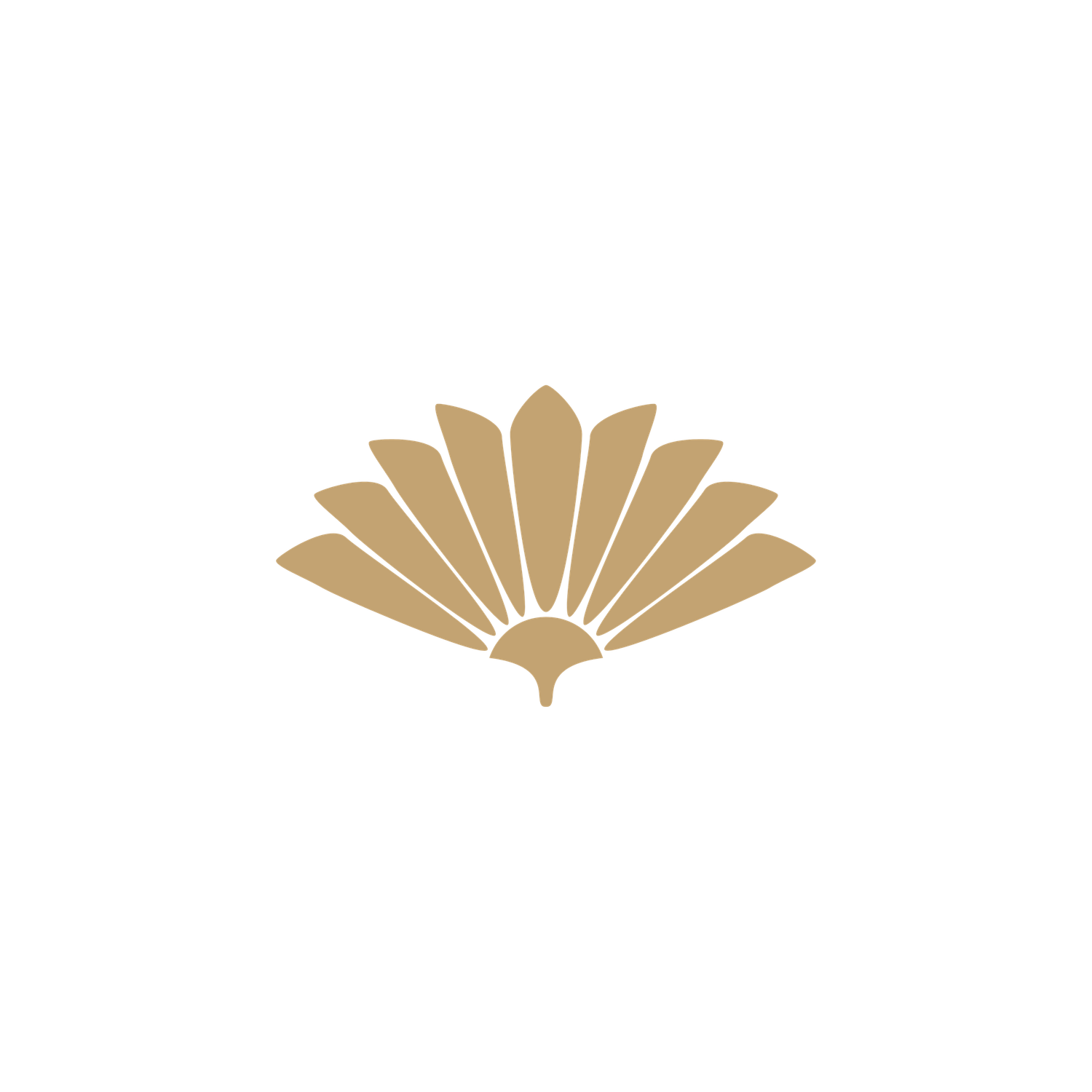 Golden fan-shaped logo with elegant overlapping petals radiating outward, symbolizing luxury and sophistication.