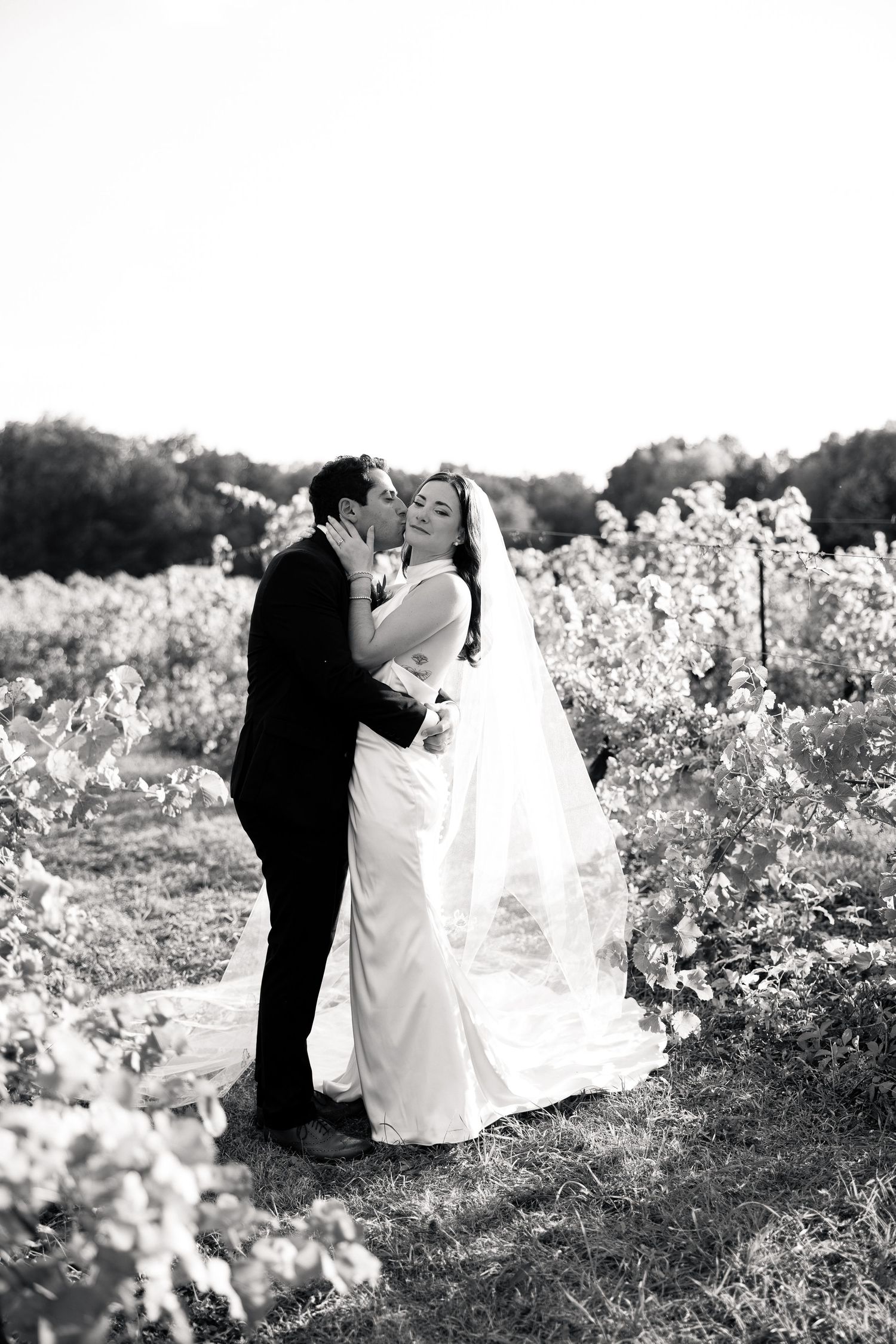 Black and white photo of a bride and groom sharing a kiss in a lush vineyard on their wedding day.