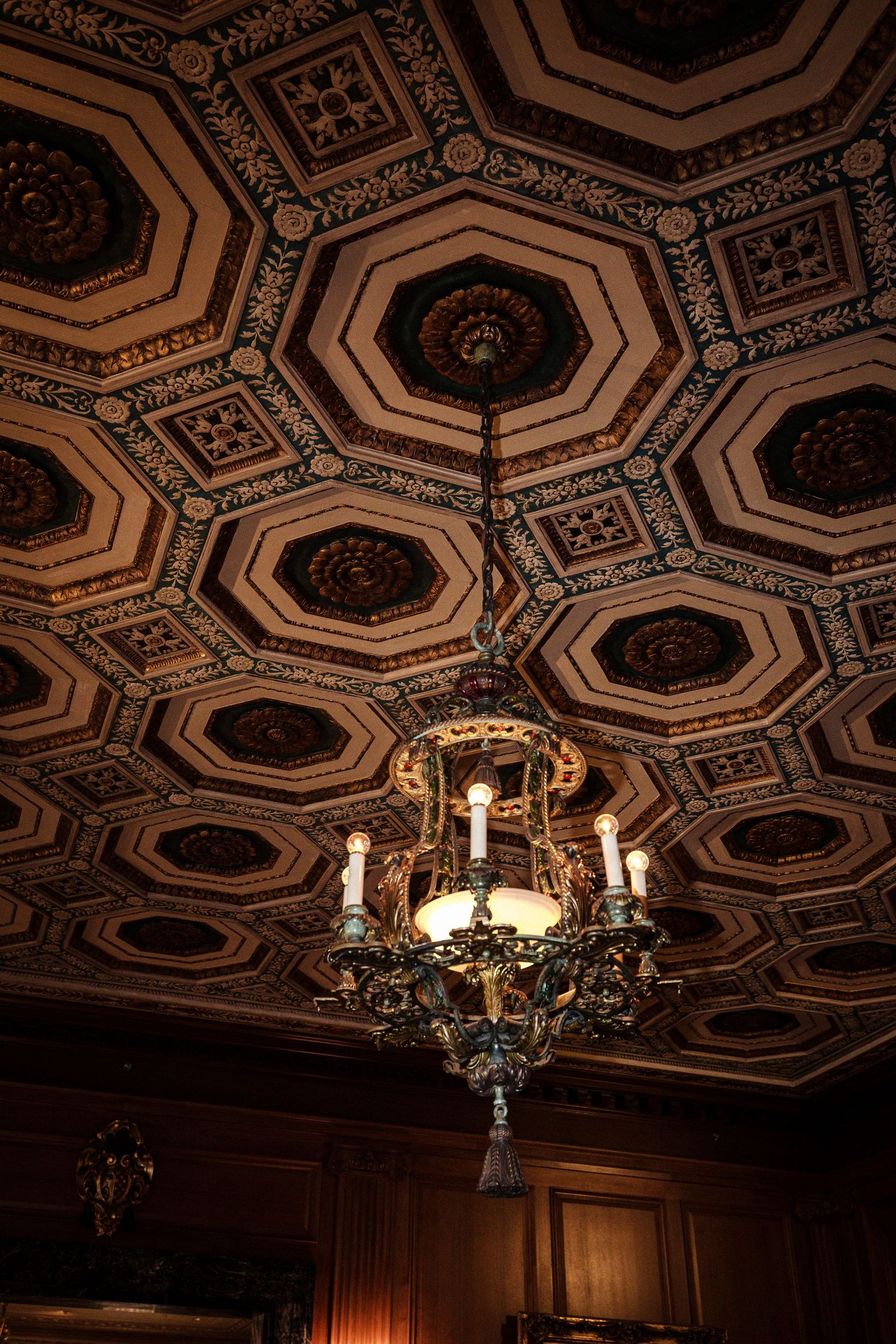Ornate coffered ceiling with geometric octagonal patterns, floral medallions, and antique brass chandelier in historic building.