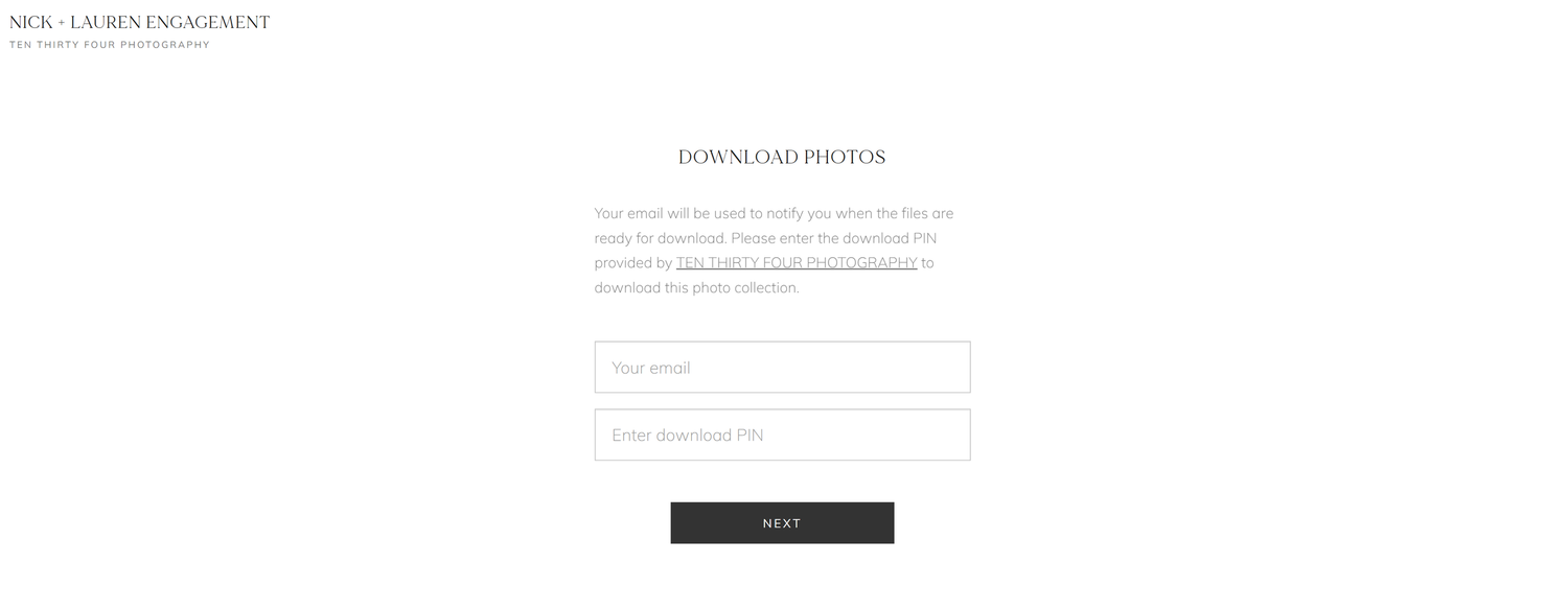 Screenshot of a photo download page with fields for name and email on a clean white background.