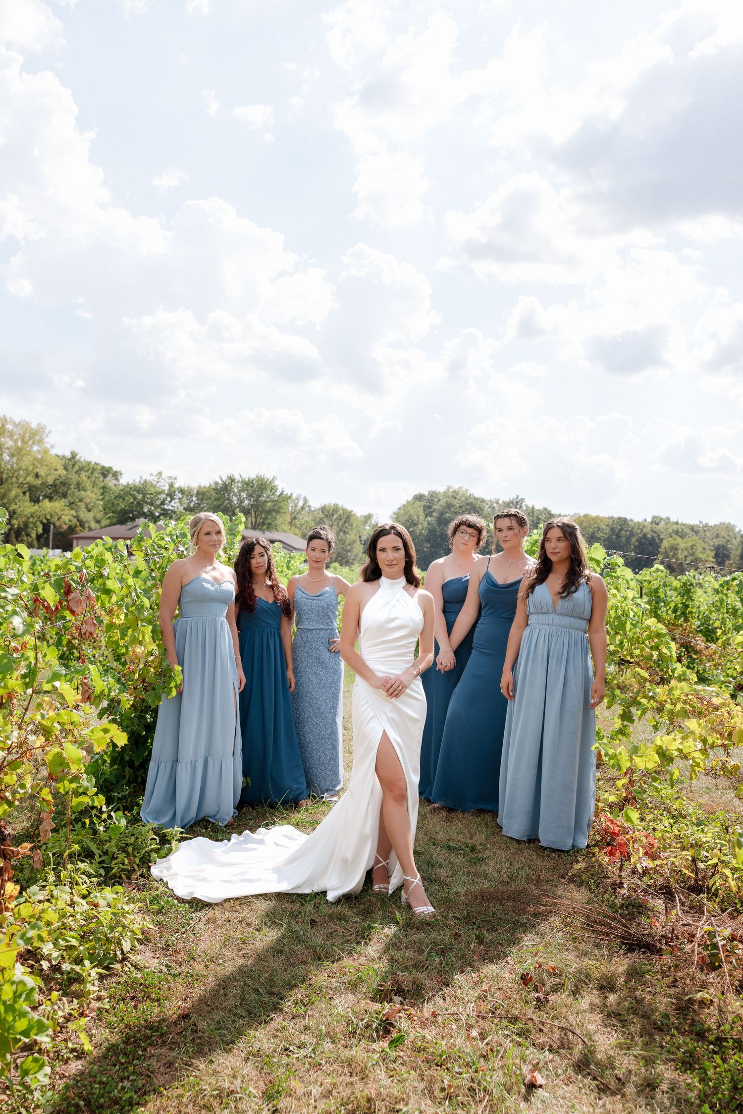 Bride in white gown with six bridesmaids in blue dresses posing in a vineyard on a sunny day.