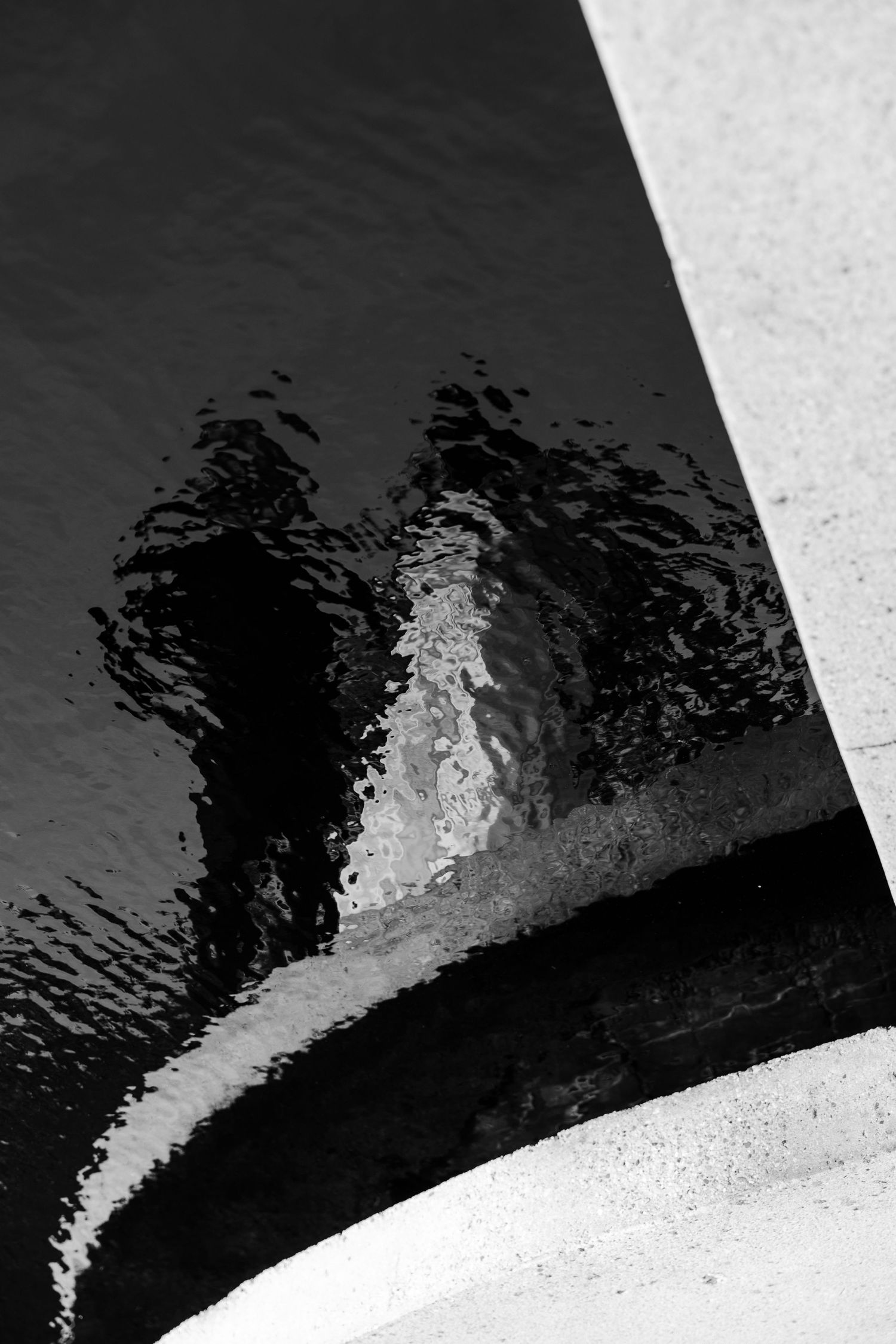 Black and white reflection of two figures distorted in dark water beside a curved concrete pool edge.