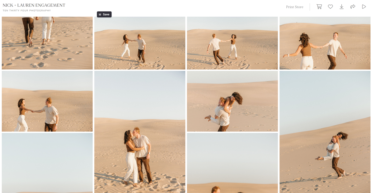 Couples engagement photo gallery featuring romantic desert dune sessions with warm sandy tones.