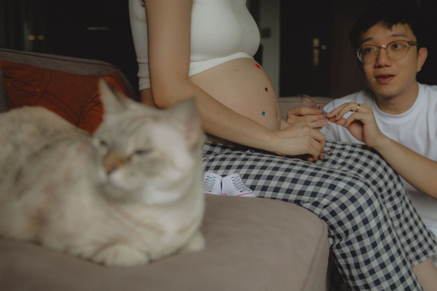 in-home maternity portrait photography in Singapore with natural light, emotional storytelling and cats