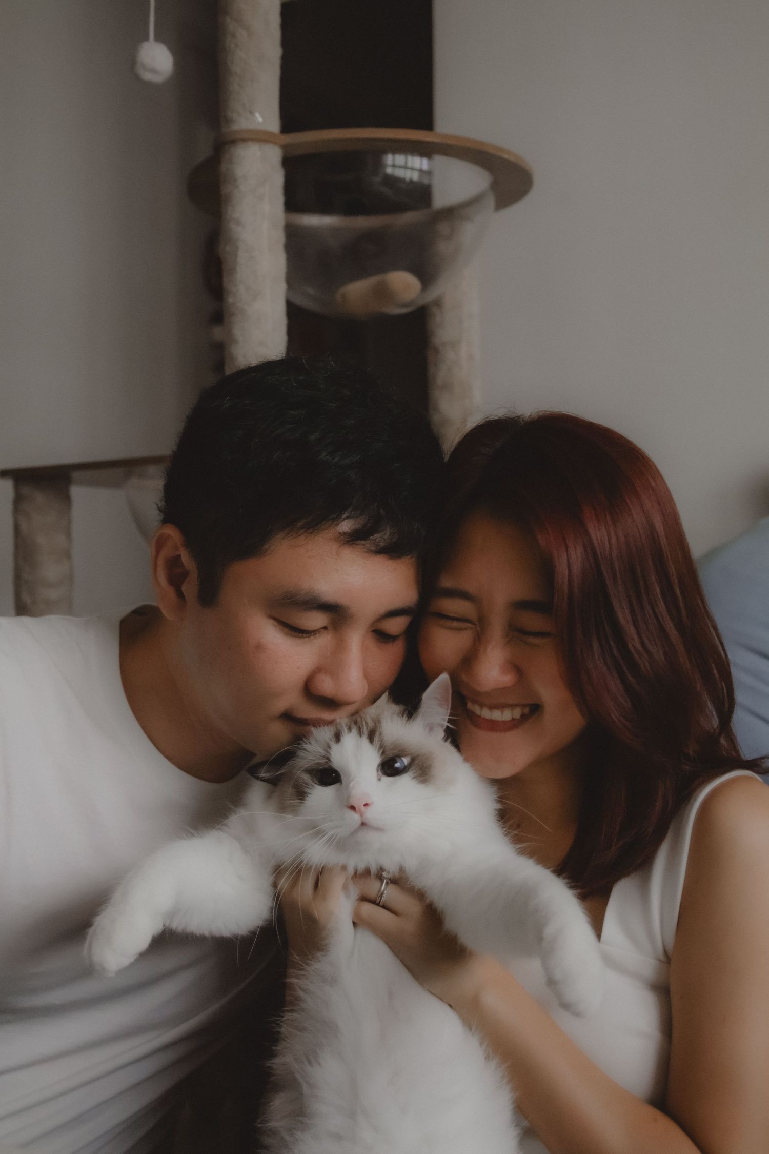 In-home pet photography in Singapore, a couple with 1 cat at home, shot in natural light