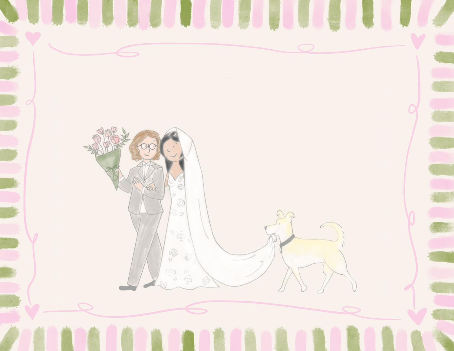 handmade digital wedding invite, whimsical, fun, cute, lesbians, dog.