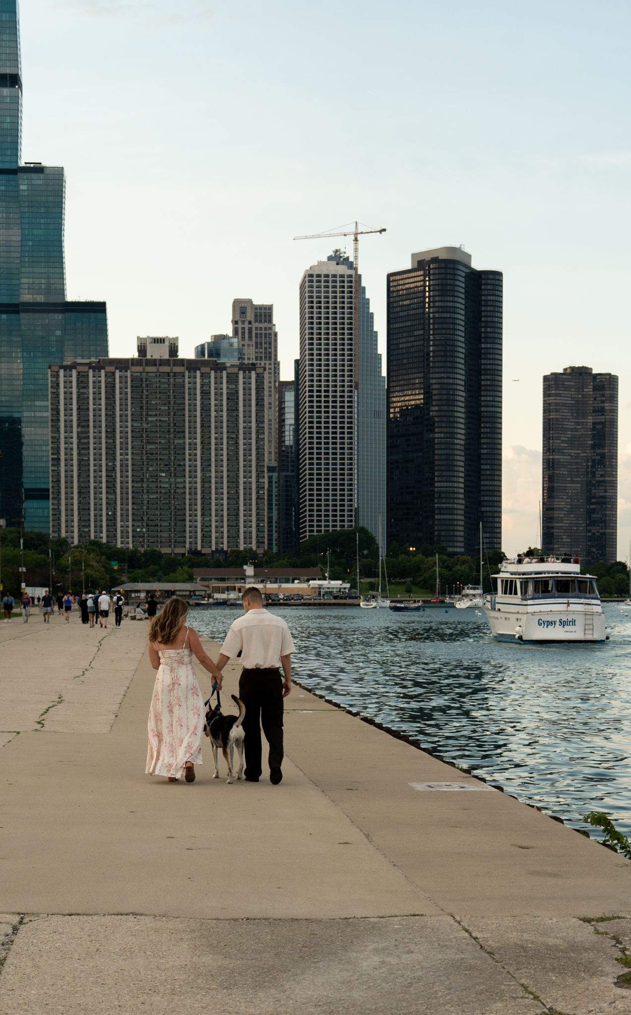 Couple walking dog on Chicago waterfront promenade with city skyline and boat in background.