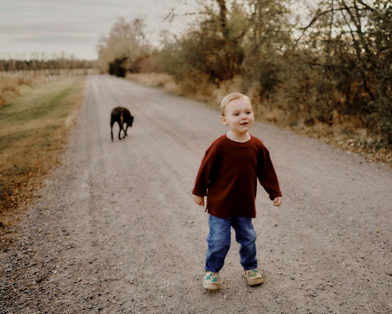 Family walking together on a gravel path through autumn scenery.