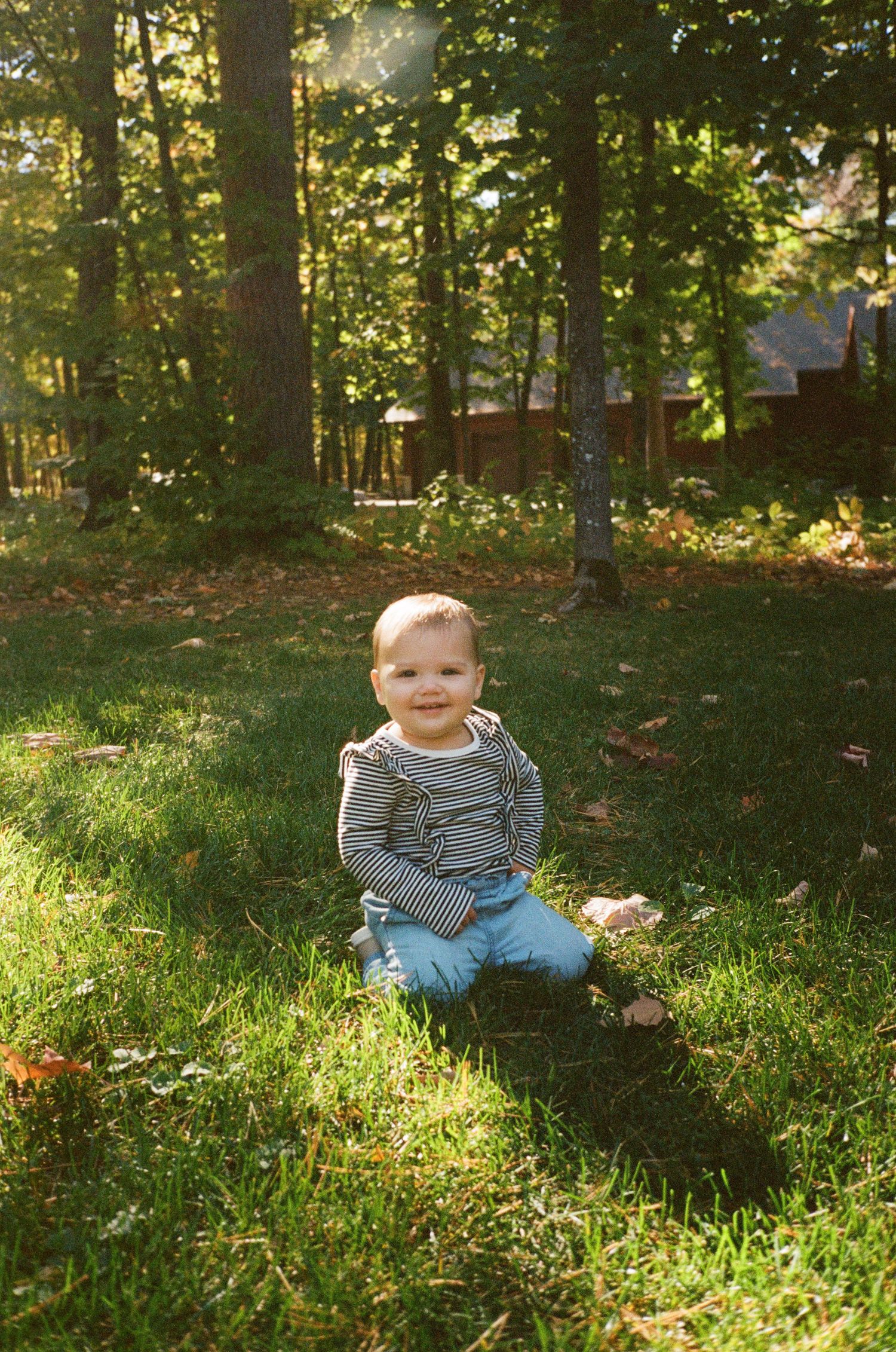 A series of photos showing a toddler sitting and playing on lush green grass in a sunlit wooded backyard setting.