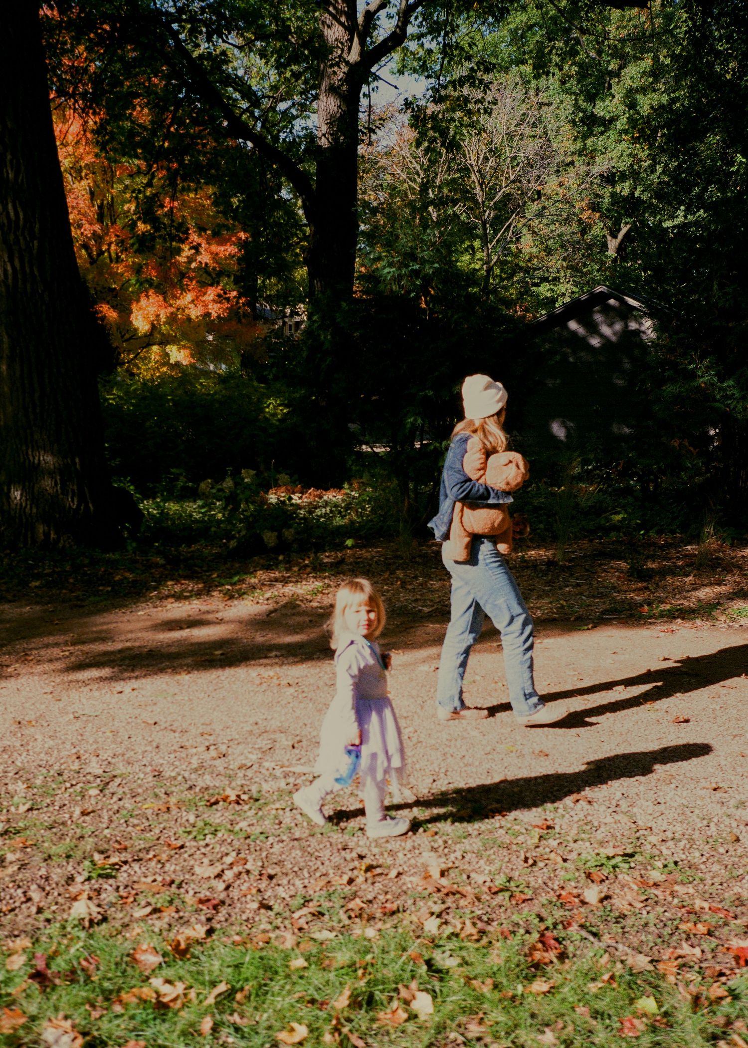 Family playing and walking together in a leaf-covered autumn park.