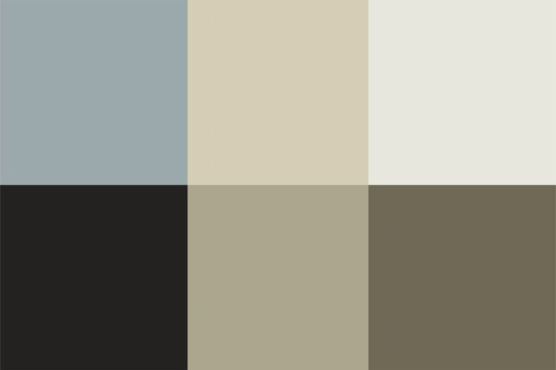 A collection of muted neutral color swatches arranged horizontally showing various shades of gray, beige and brown.