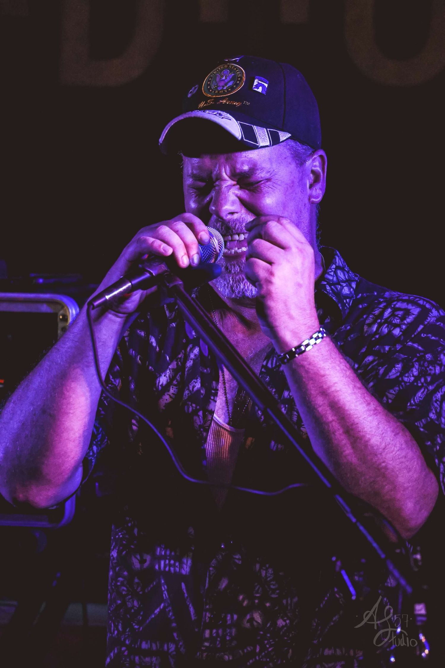 Musician performing with a harmonica under purple stage lighting.