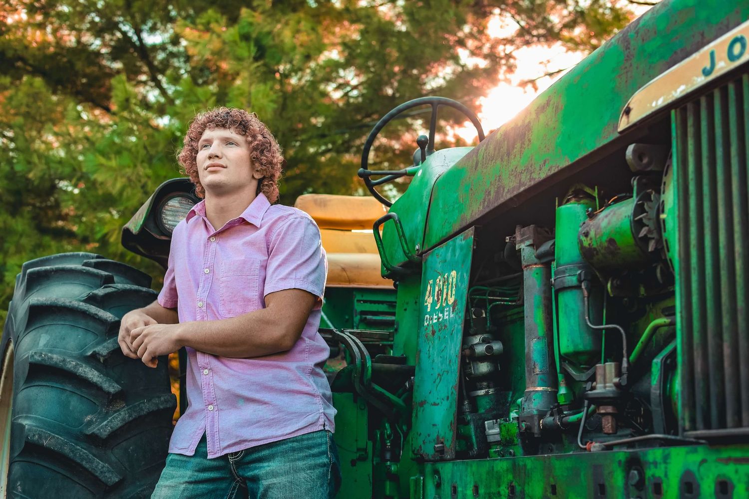 Row of vintage green tractors displayed outdoors during golden hour.