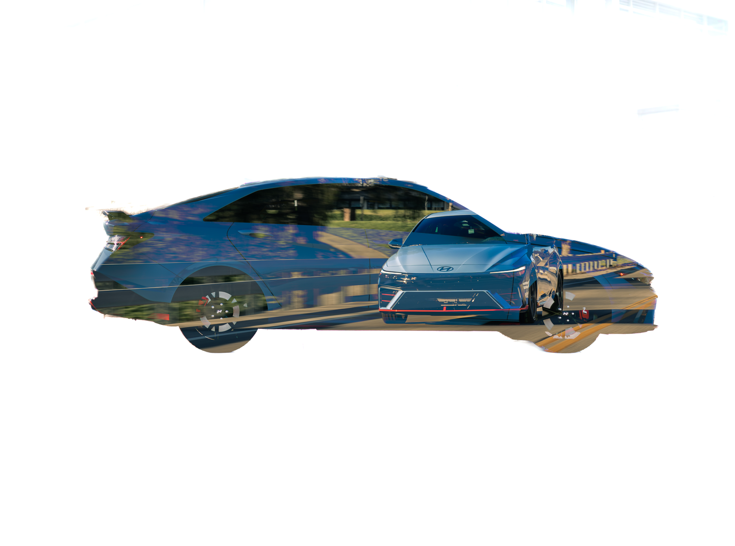 Blue sports car with double exposure effect showing reflections on a white background.